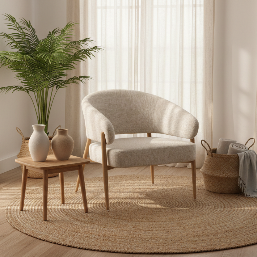 A modern upholstered accent chair in a warm beige fabric with light wood legs, styled in a bright, sunlit room on a round woven rug next to a small wooden side table with ceramic vases.