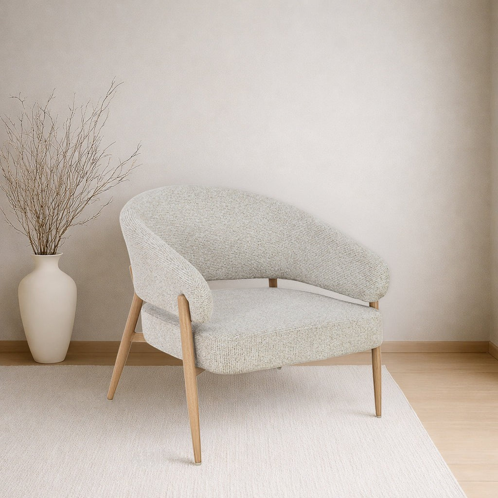 Kayu Living Dilan Hush lounge chair in oak with textured natural upholstery and curved contemporary design