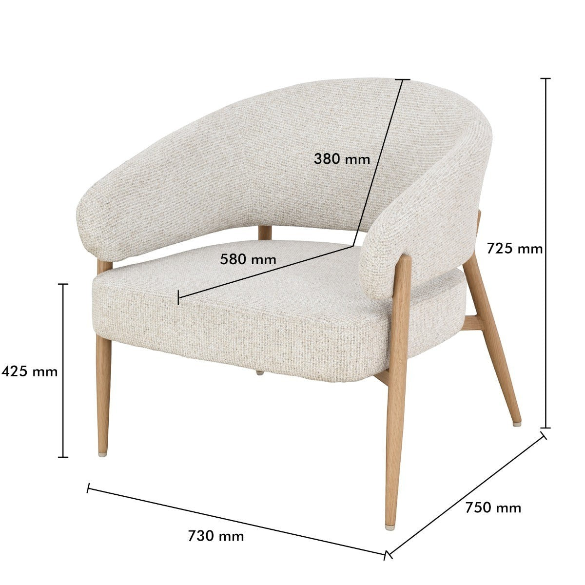 Kayu Living Dilan Hush lounge chair in natural textured fabric with oak wood legs and curved backrest, dimensions.