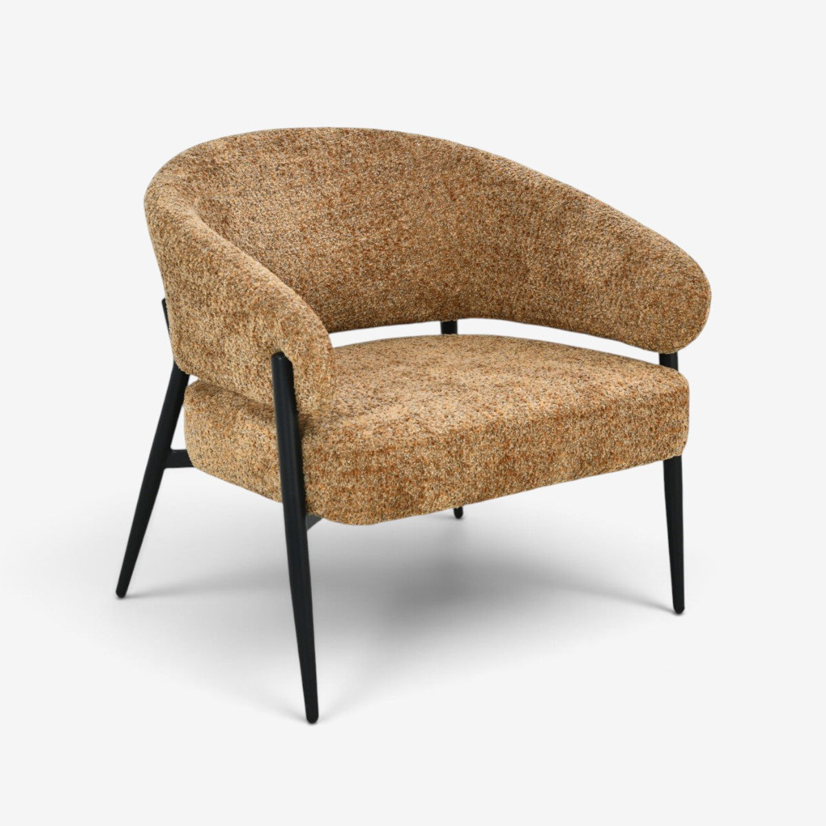 Kayu Living Dilan Venga lounge chair in cognac textured fabric with a curved seat and black metal frame.