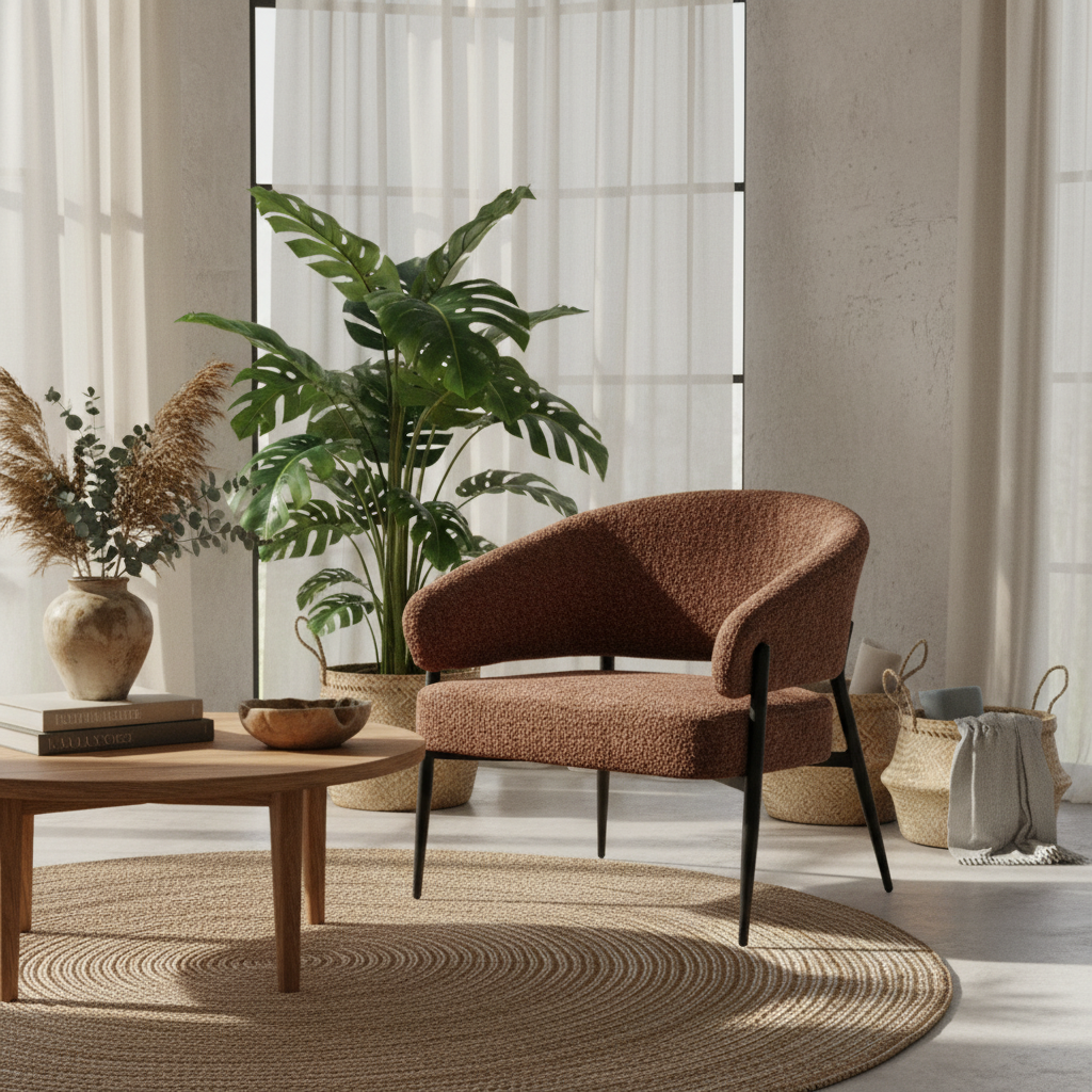 A modern upholstered accent chair in a textured rust-brown bouclé fabric with black metal legs, styled in a warm, minimalist living room next to a wooden coffee table and a large potted plant.