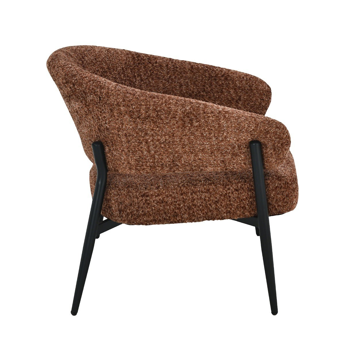 Kayu Living Dilan Venga lounge chair in hazel textured fabric with a curved seat and black metal frame side view