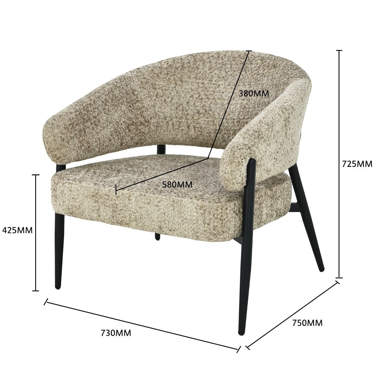 Kayu Living Dilan Venga Liver accent chair in textured beige fabric with black metal legs and dimension labels