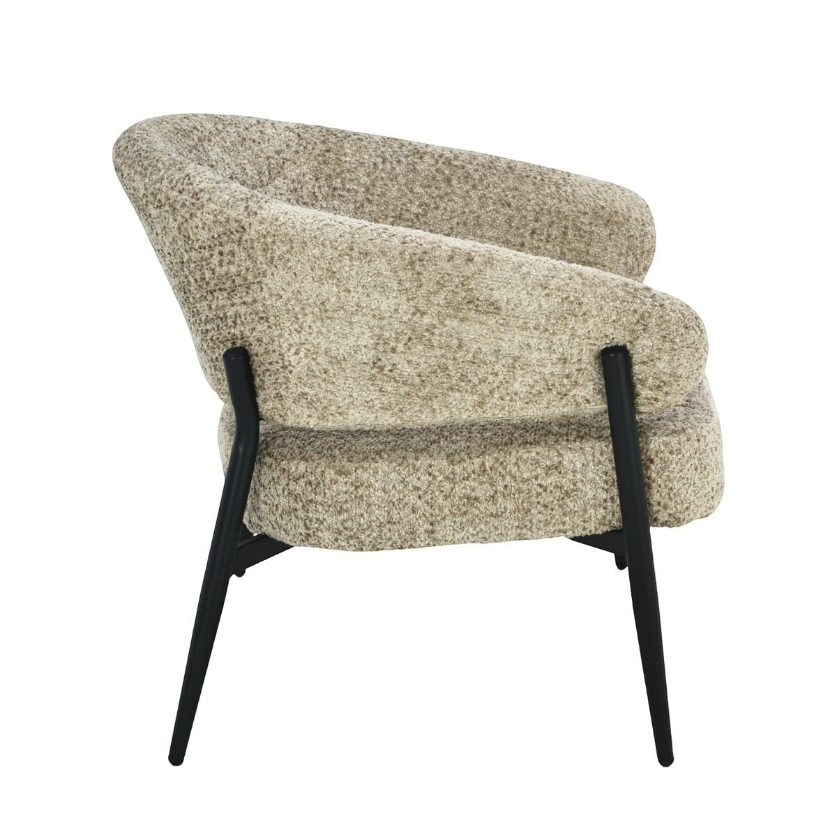 Kayu Living Dilan Venga Liver armchair in beige textured bouclé fabric with black metal legs, side view