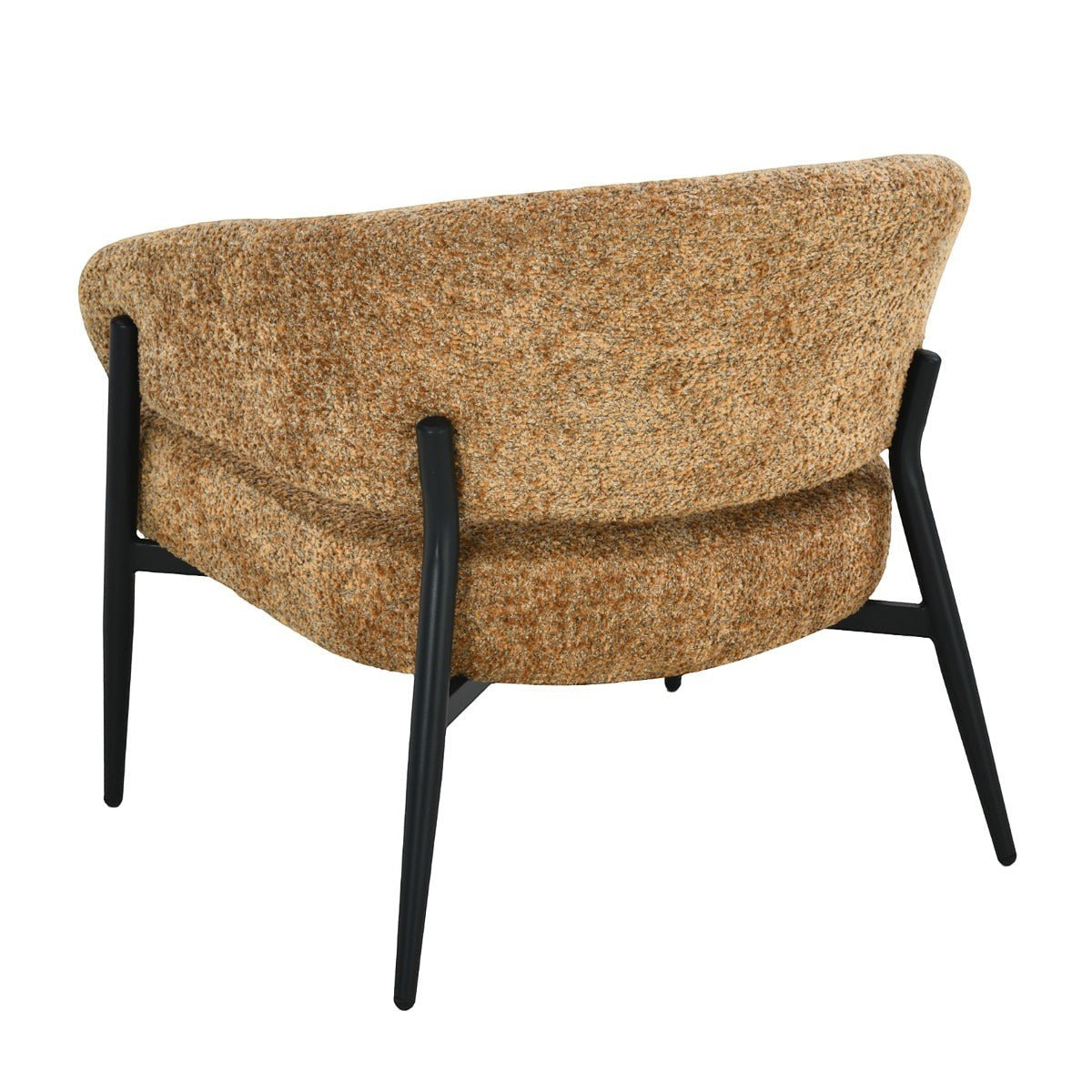 Kayu Living Dilan Venga lounge chair in cognac textured fabric with a black metal frame, back view.