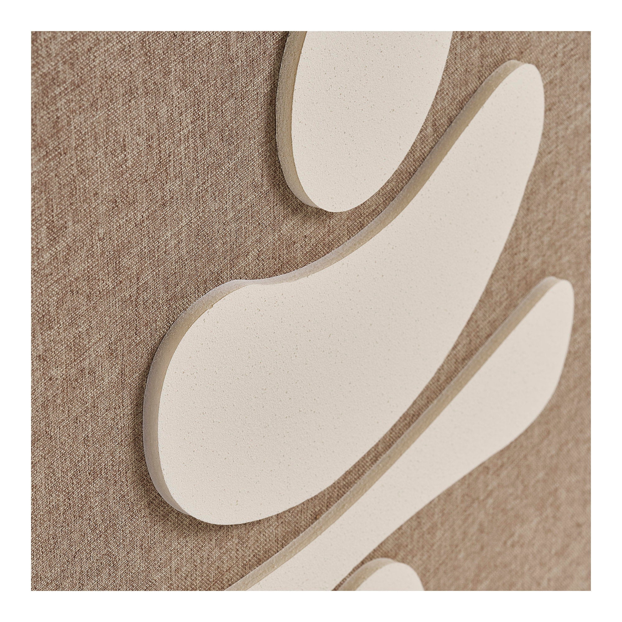 Kayu Living Diva Relief No.2 wall art featuring textured beige organic shapes on a warm brown fabric background.
