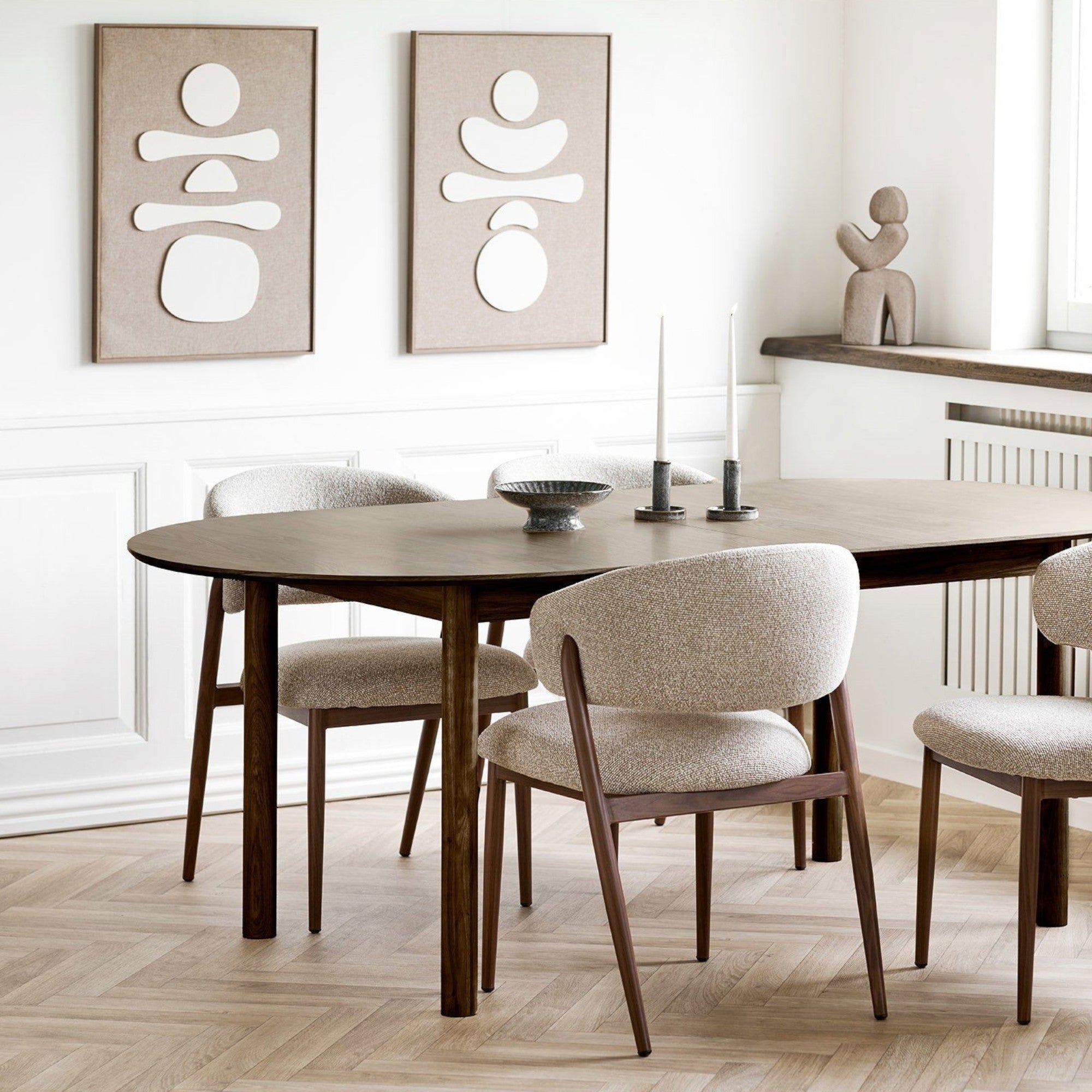 Kayu Living Diva Relief Wall Decoration No.1 in brown and beige, featuring textured mixed-media art in a dining room.