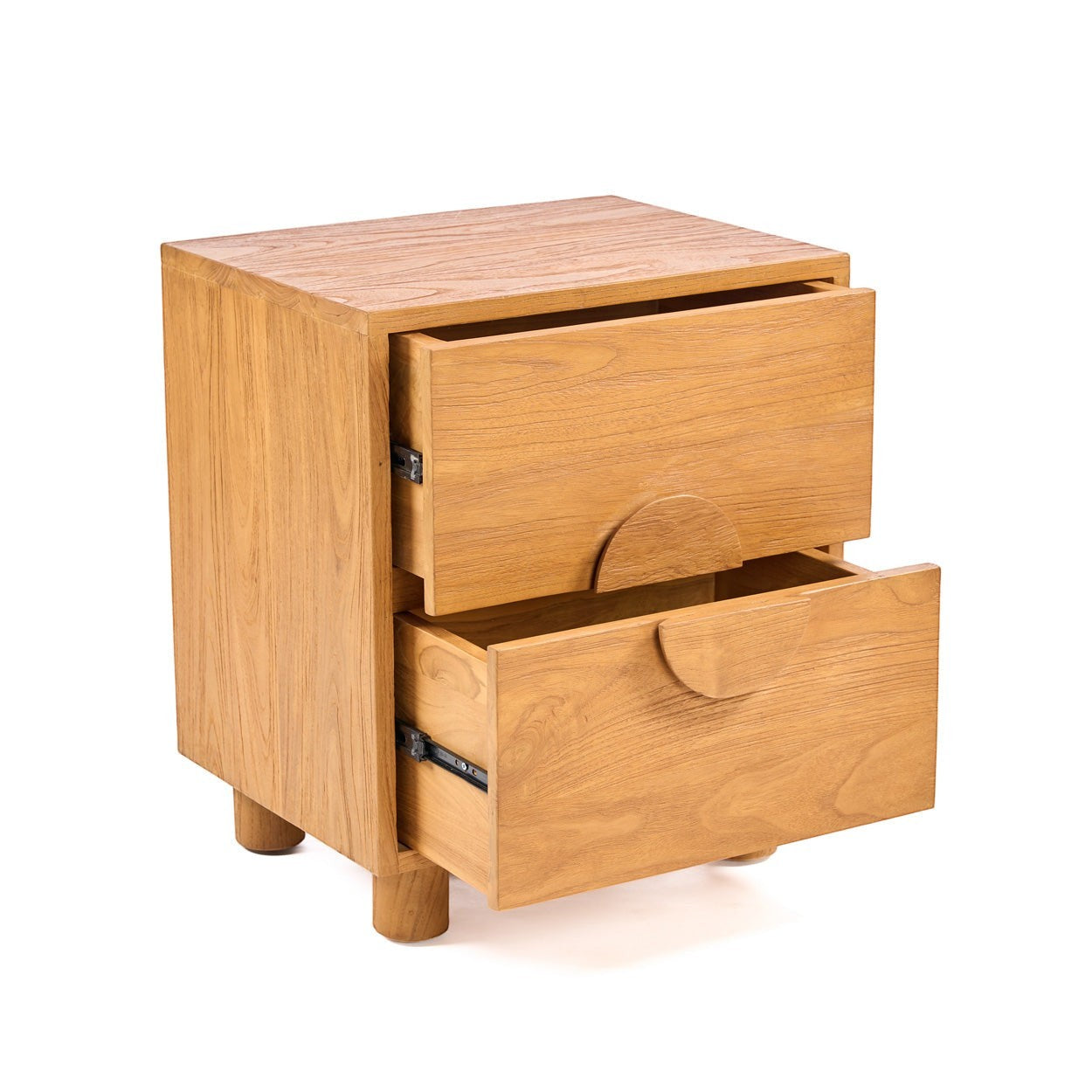 Kayu Living Eclipse nightstand in solid teak with two drawers and unique semi-circular handles on a white background.