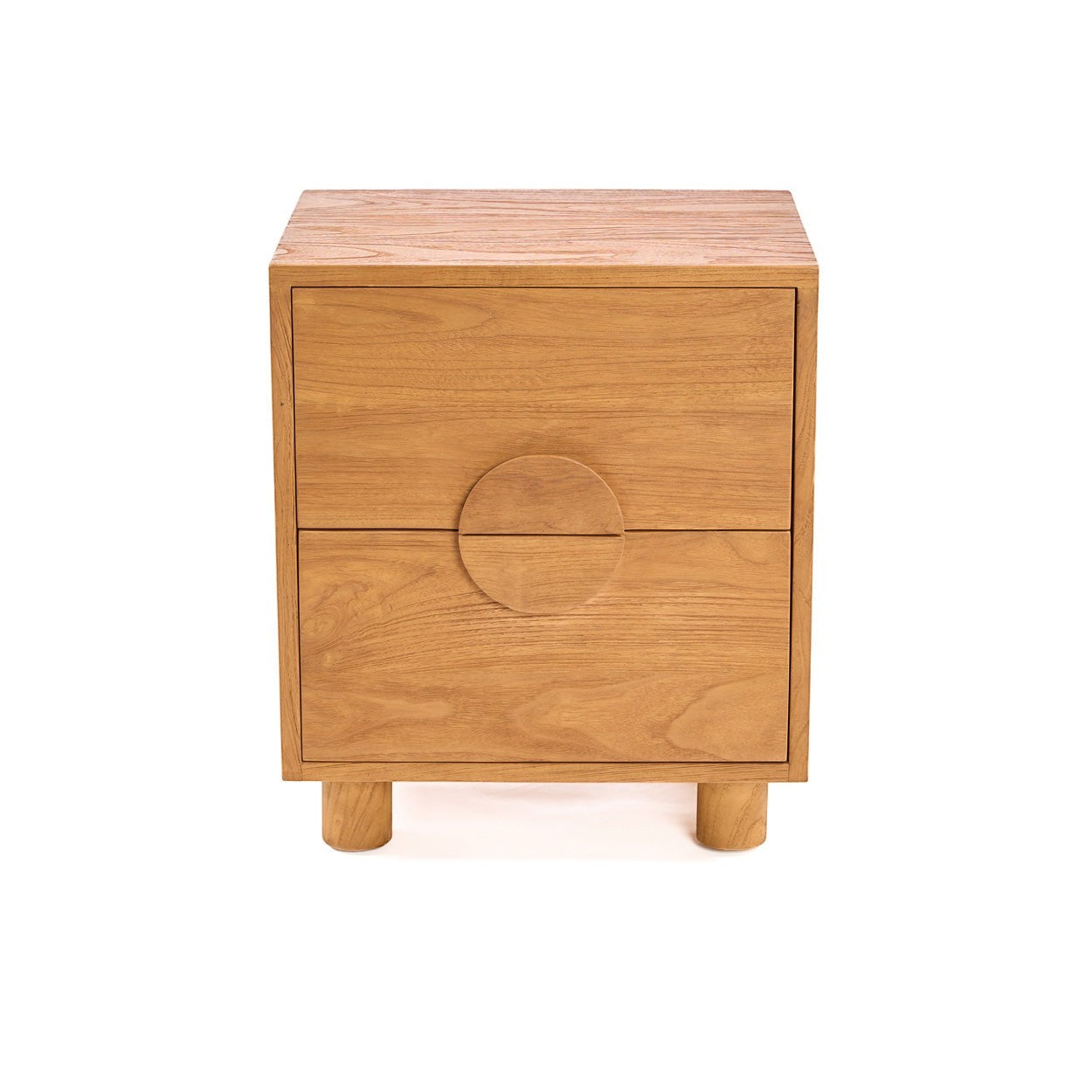 Kayu Living Eclipse nightstand in solid teak with two drawers, a sculpted circular handle, and natural wood grain.