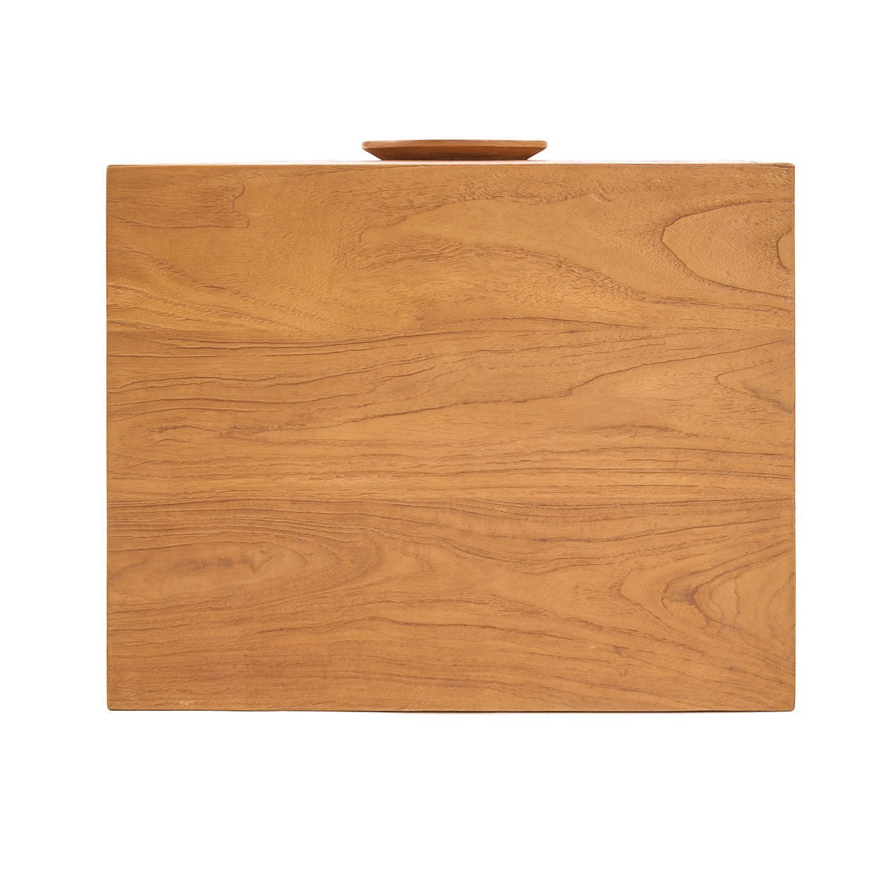 Kayu Living Eclipse nightstand in solid teak wood with natural grain and a minimalist circular handle design.