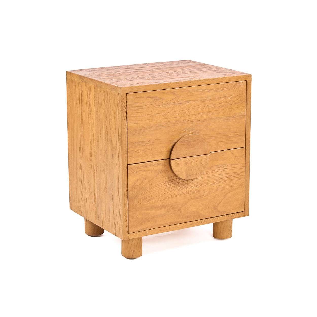 Kayu Living Eclipse solid teak nightstand with two drawers and a unique sculpted circular handle in natural wood.