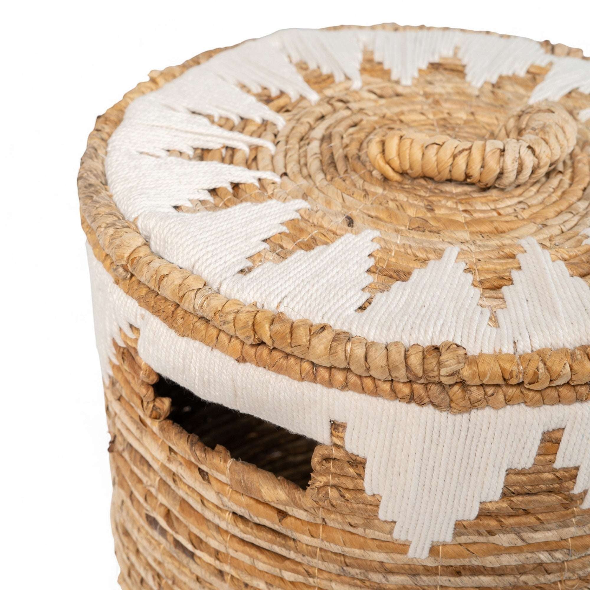 Kayu Living natural banana cord storage basket with white embroidery and lid. Round woven design.