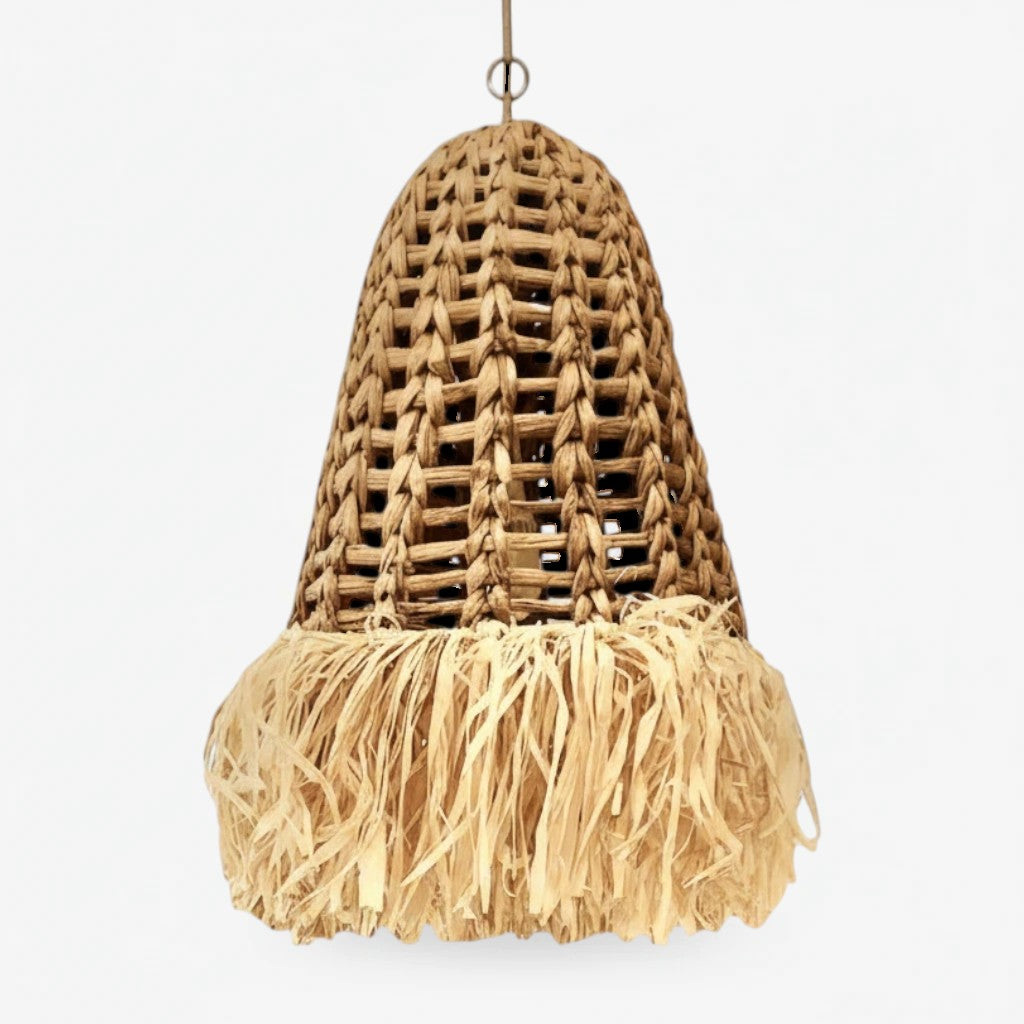 Kayu Living Enceng pendant lamp handcrafted from natural water hyacinth with a textured fringed base