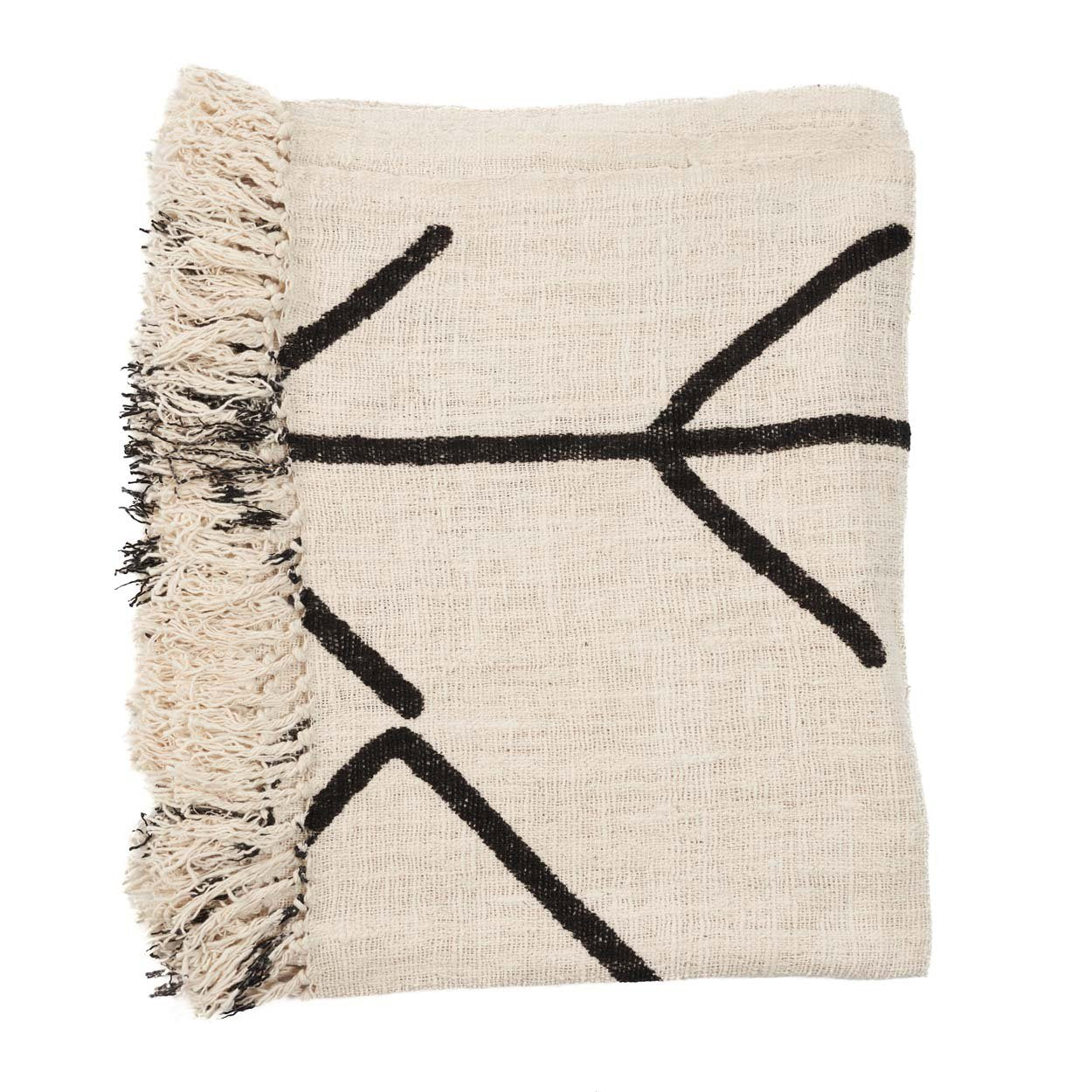 Kayu Living natural black cotton bed throw featuring a minimalist evil eye pattern and decorative fringe edges.