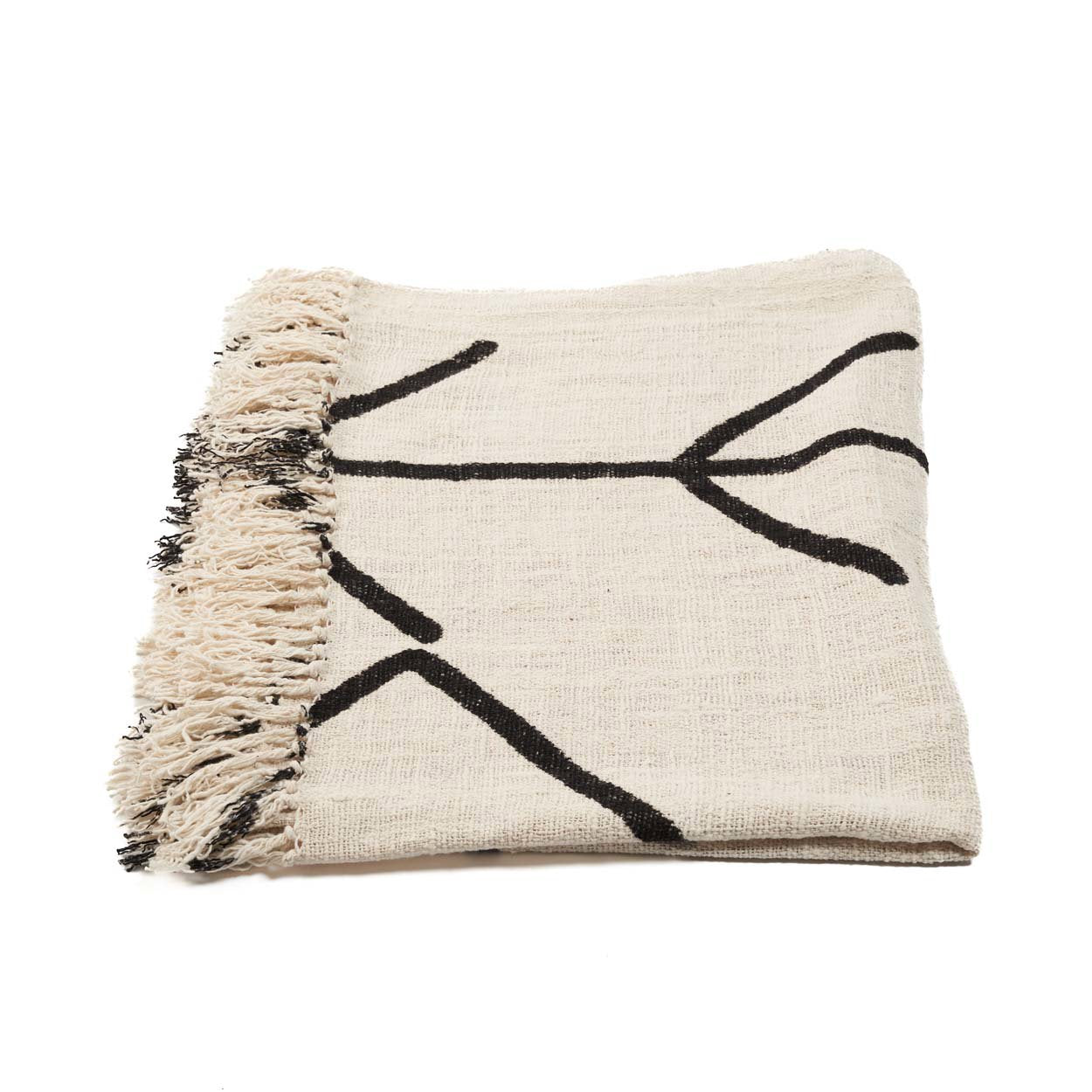 Kayu Living natural black cotton bed throw featuring a minimalist evil eye pattern and decorative fringe edges.