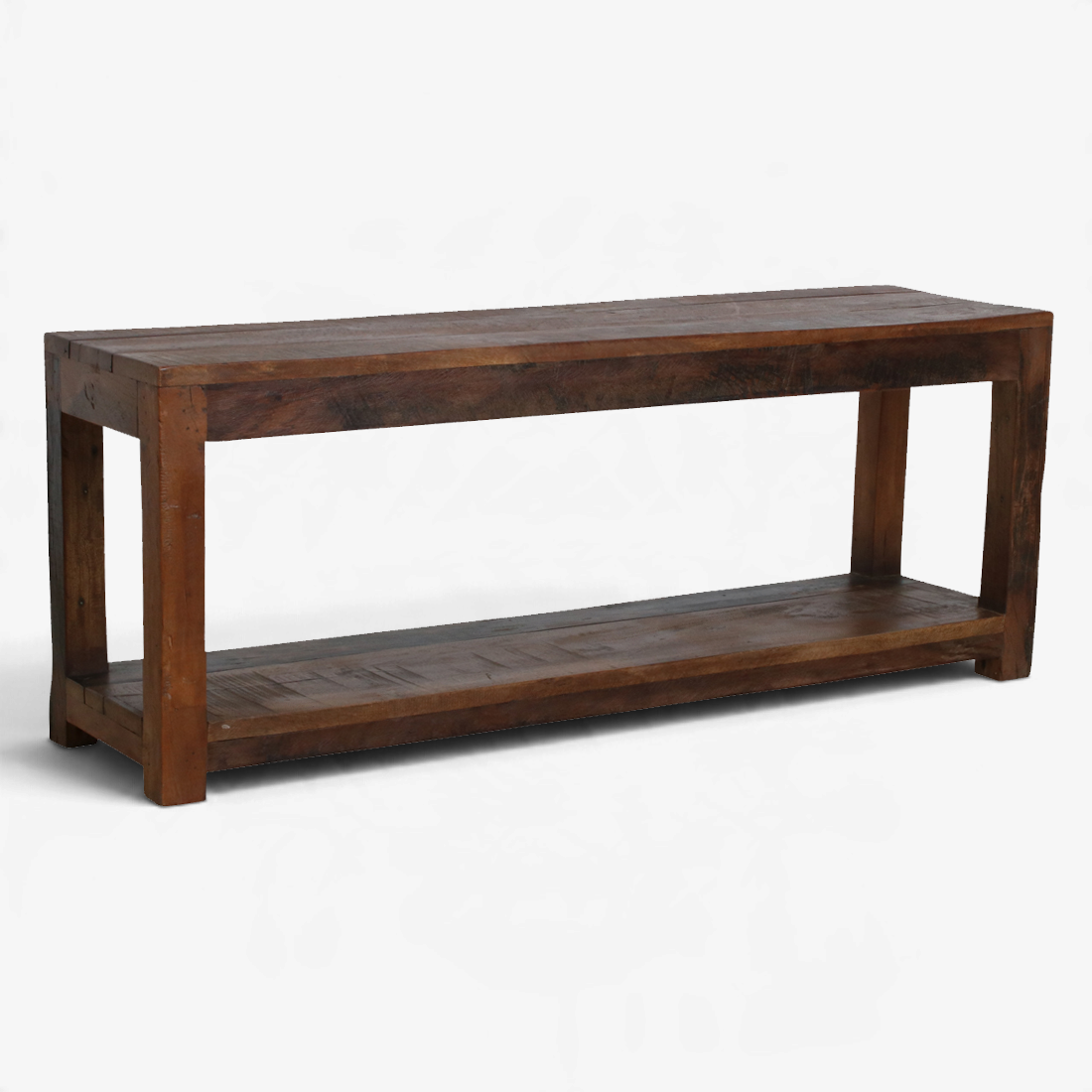 Kayu Living Factory industrial entryway bench in brown FSC-recycled hardwood with a lower shoe storage shelf.