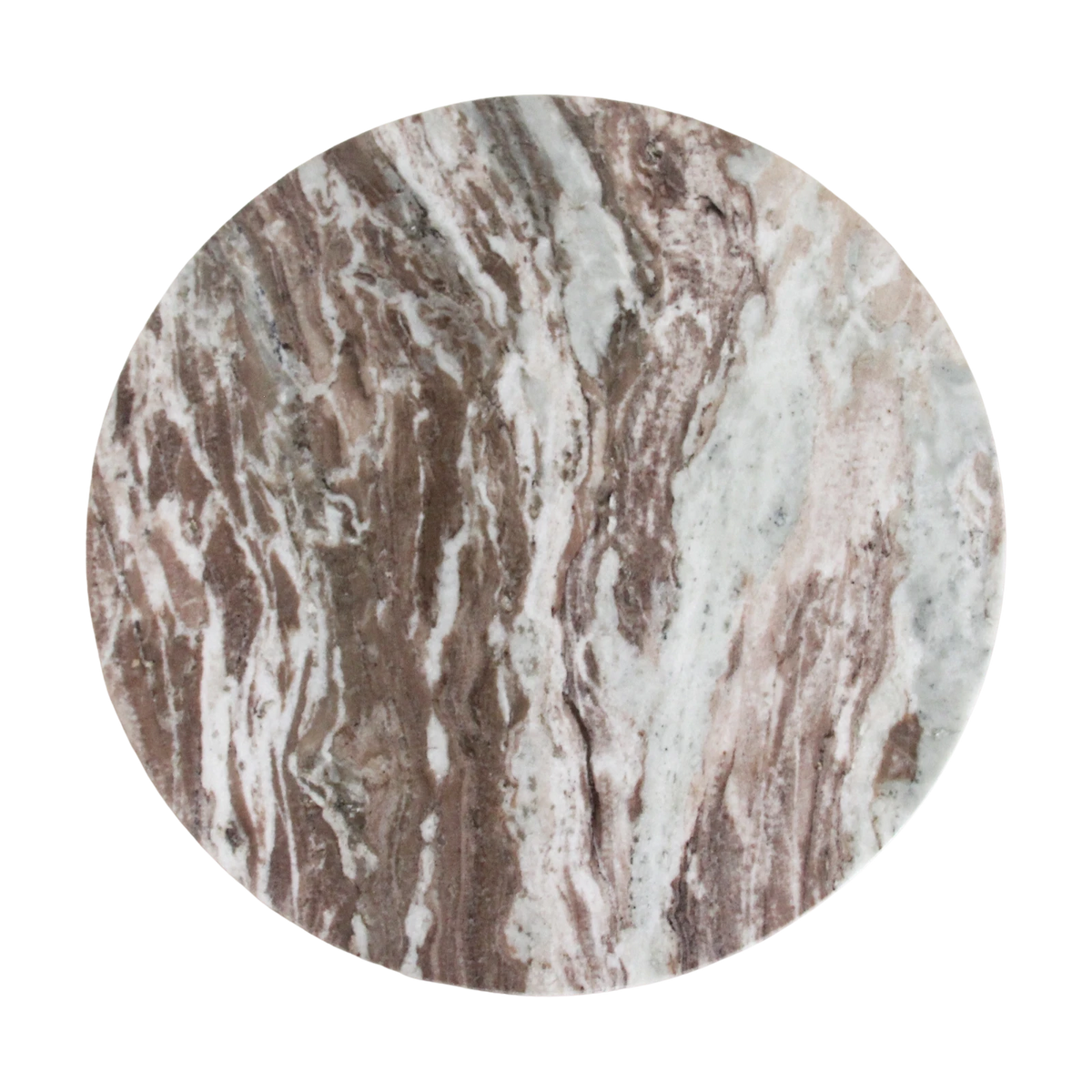 Kayu Living round Fantasy Brown marble side table top with intricate brown, gray, and white natural stone veining.