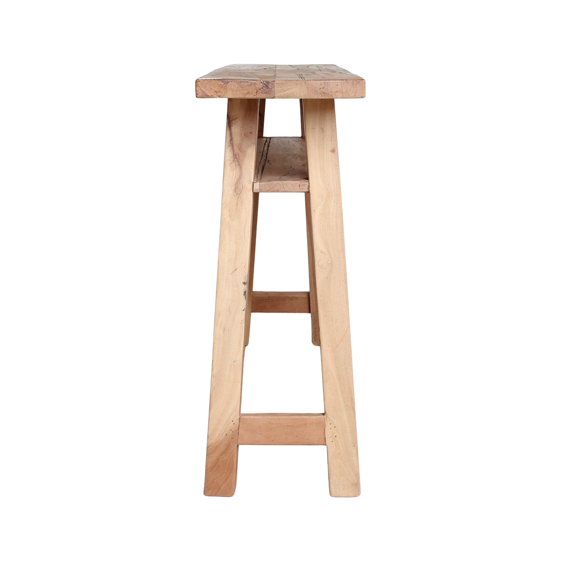 Kayu Living Farmwood console table made from recycled wood with a lower shelf and natural grain, side view.