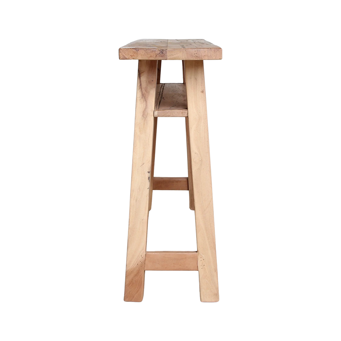 Kayu Living Farmwood console table made from recycled wood with a lower shelf, viewed from the side.