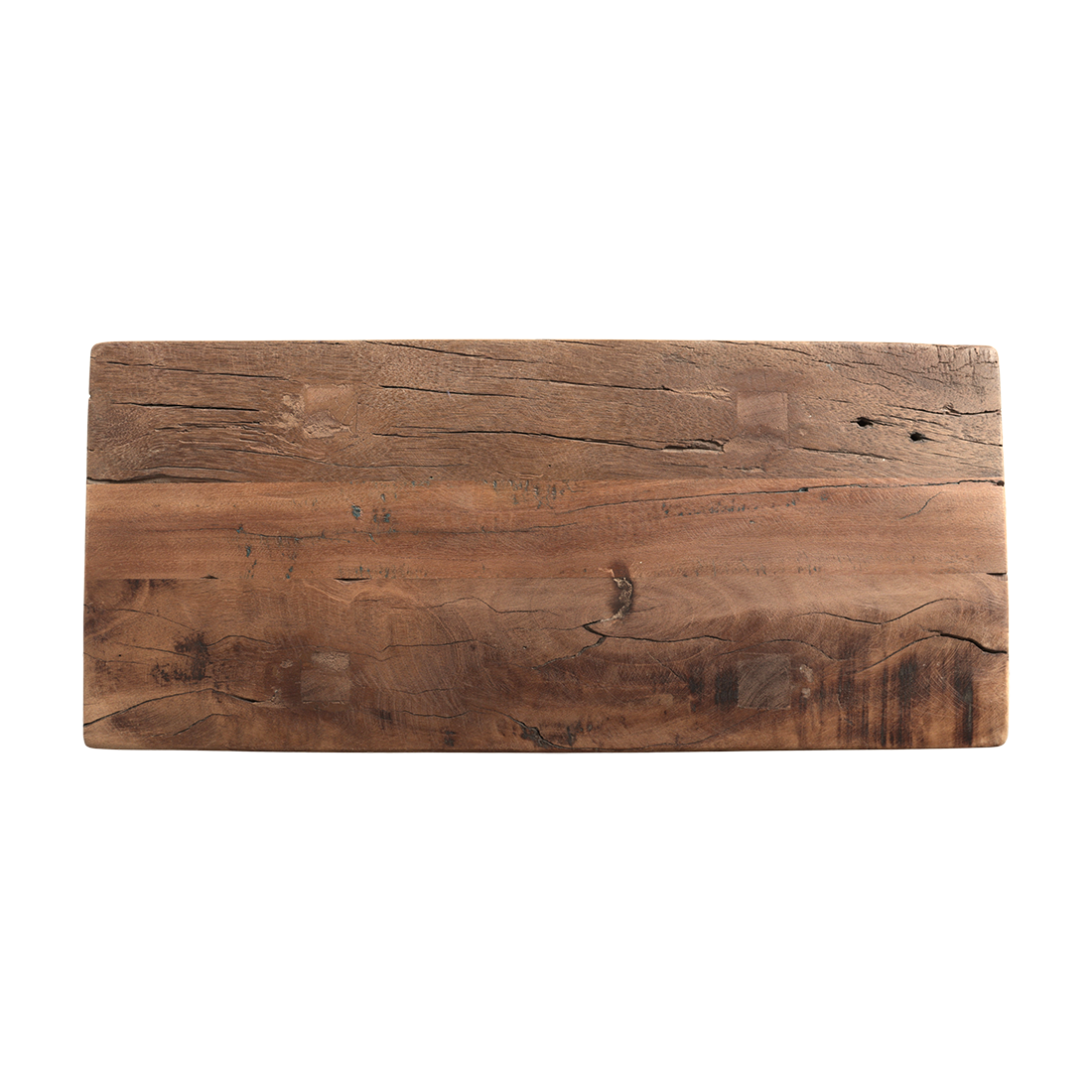 Top view of Kayu Living Farmwood compact bench made from reclaimed FSC-certified wood with natural knots and cracks.