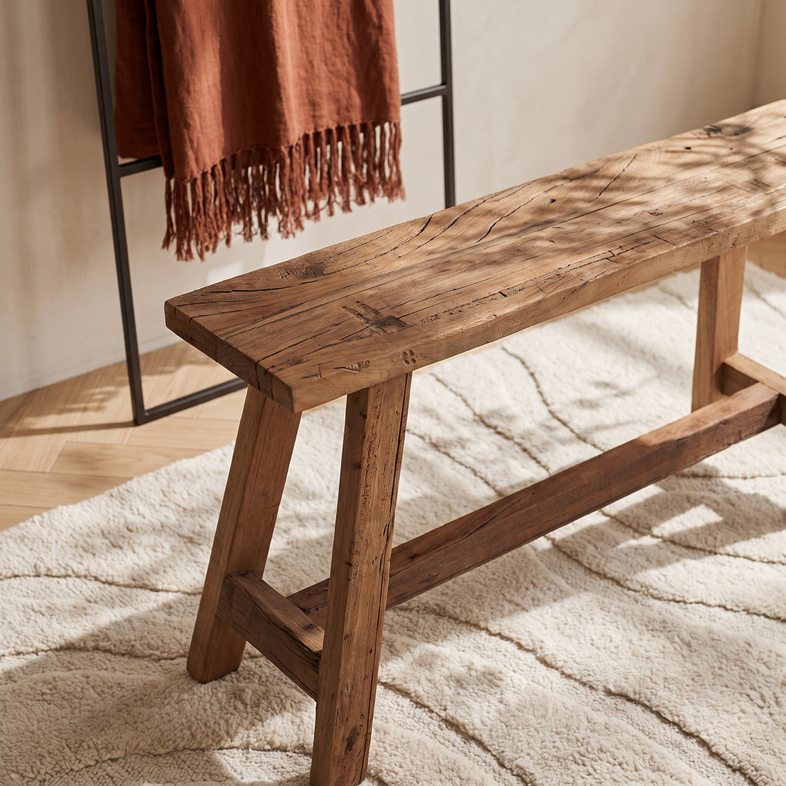 Kayu Living Farmwood 85 cm bench made from reclaimed FSC-certified Indian wood with a unique rustic grain texture.