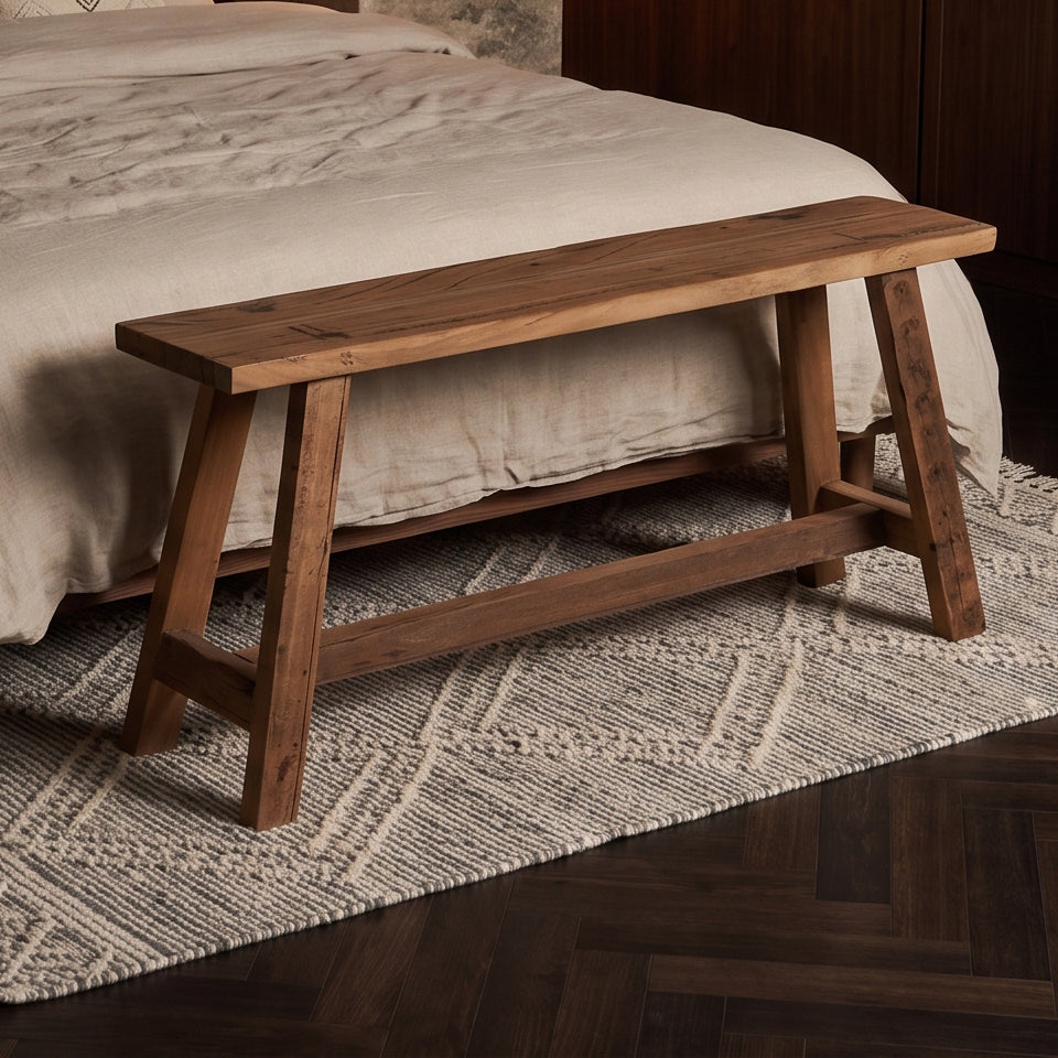 Kayu Living Farmwood 85 cm bench made from reclaimed FSC-certified Indian wood with a unique grain and patina.