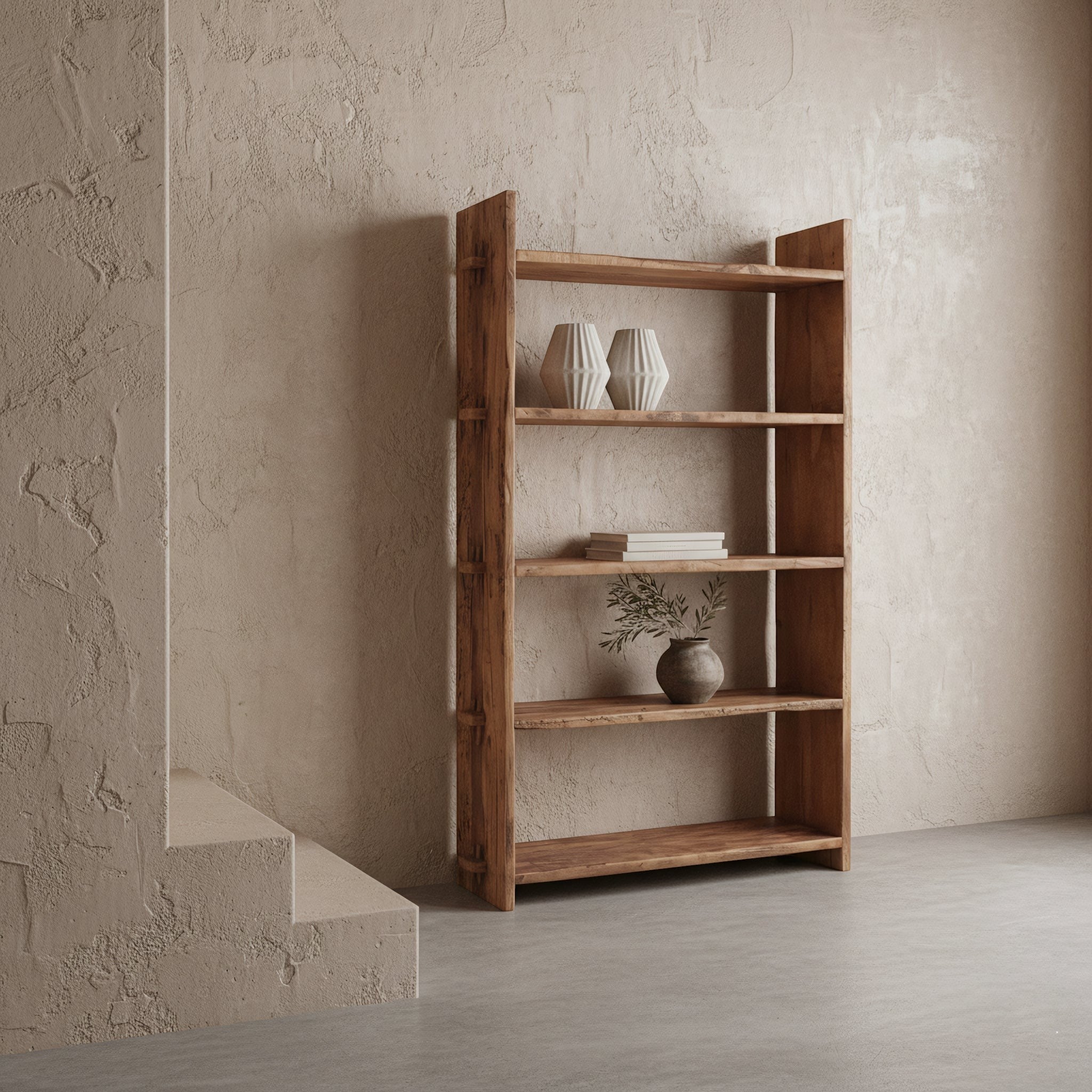 Kayu Living Farmwood storage rack made from reclaimed brown wood with unique grain, styled in a minimalist room.