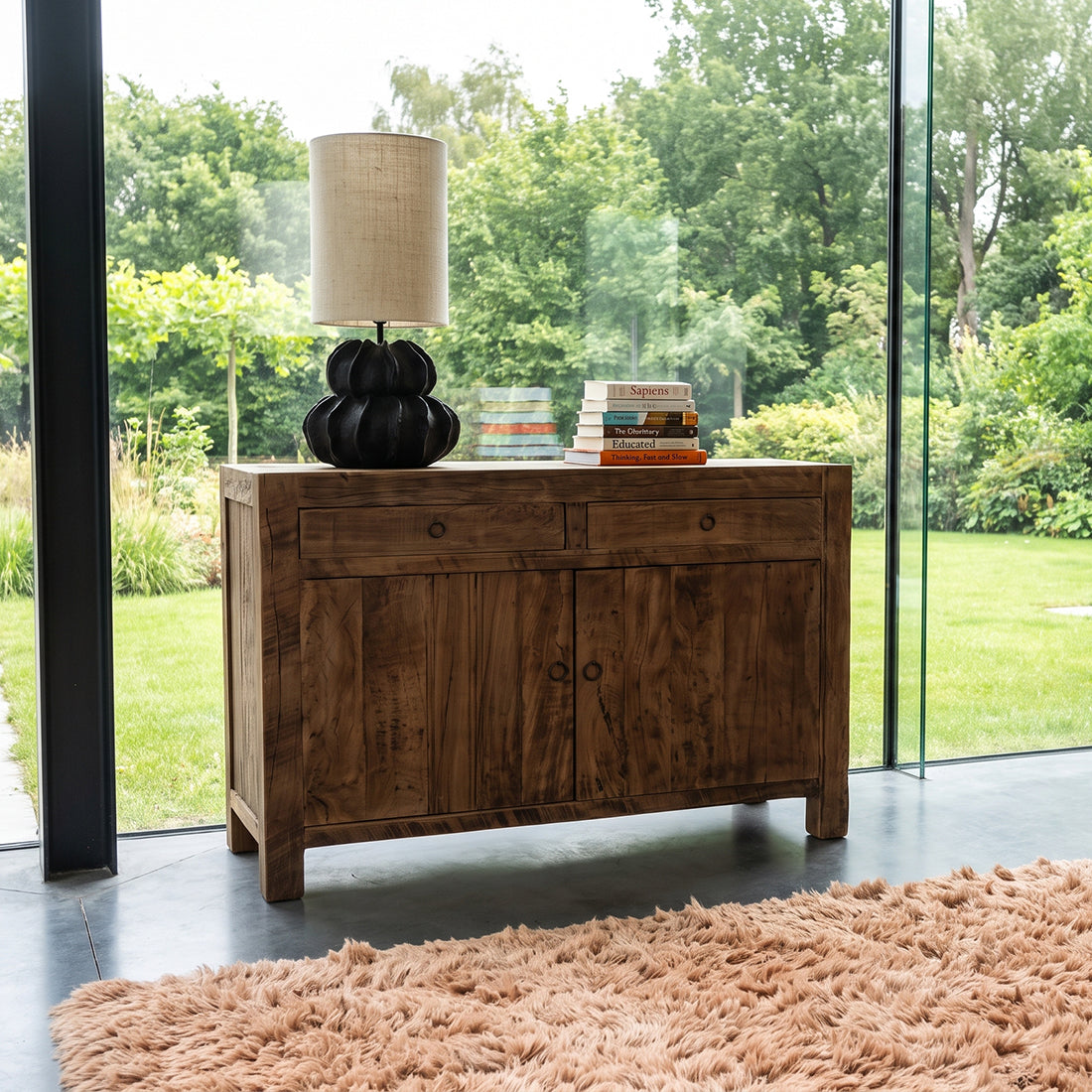 Kayu Living Farmwood sideboard made of reclaimed FSC-certified wood with two drawers and two doors in a bright room.