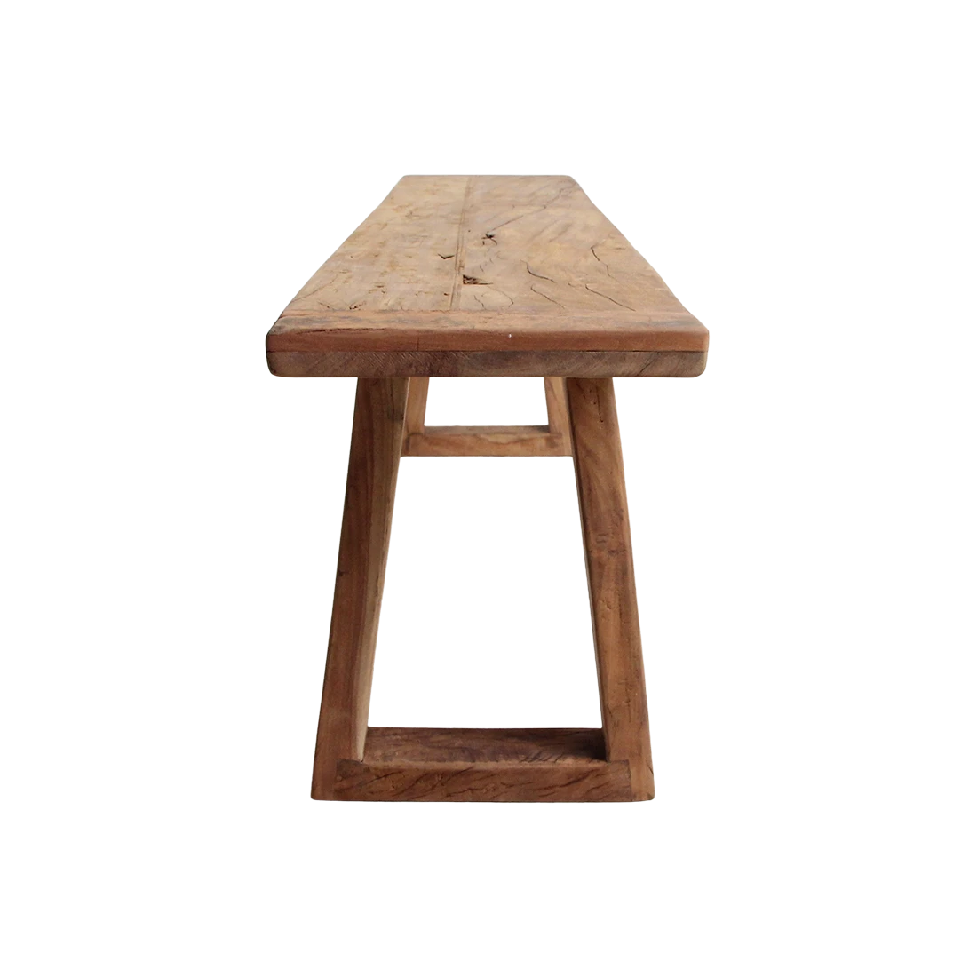 Kayu Living Farmwood dining bench in recycled wood with visible grain and sturdy legs, side profile view.