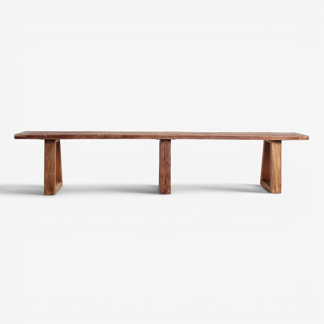 Kayu Living Farmwood 200 cm dining bench made from FSC recycled wood with a deep grain and three sturdy legs.