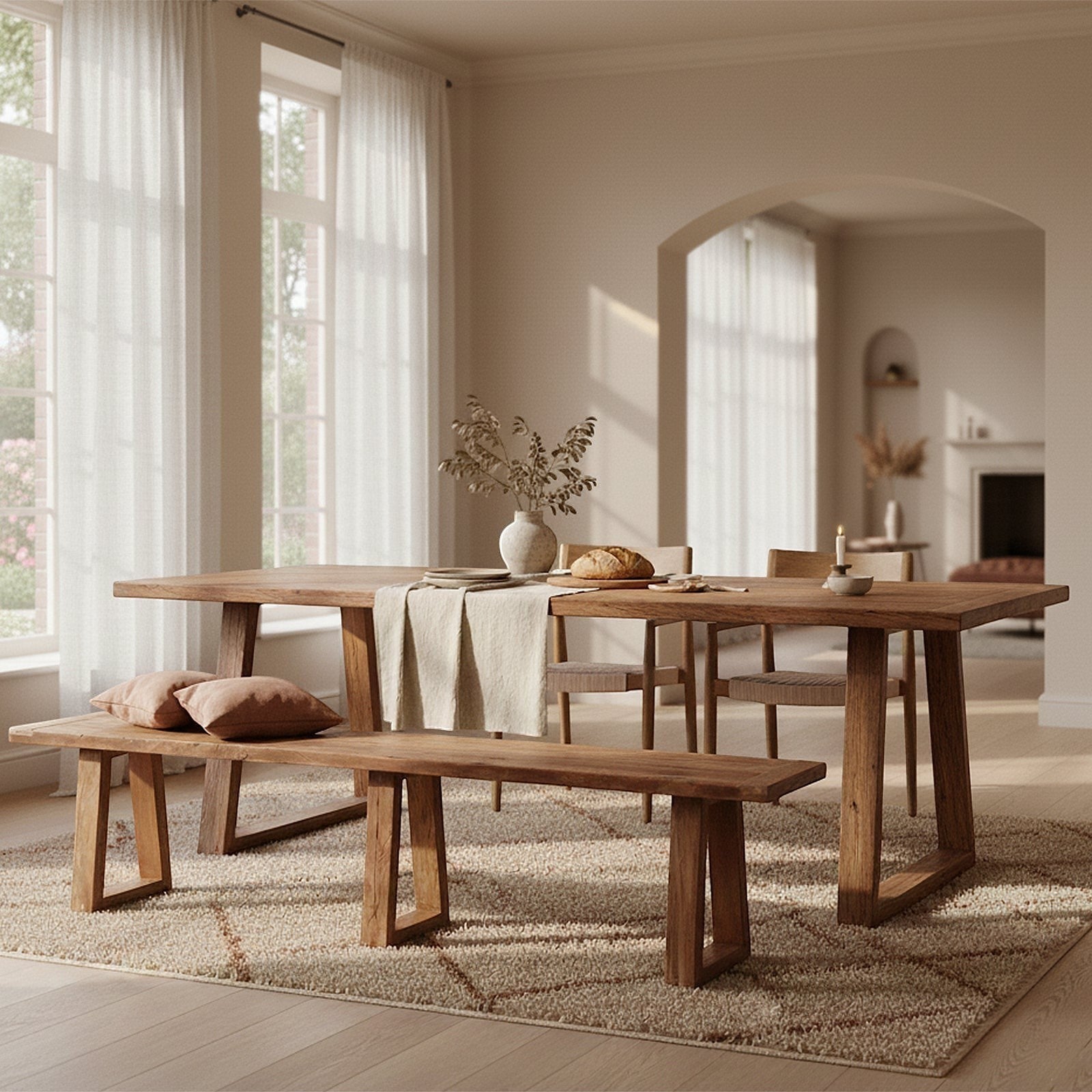 Kayu Living Farmwood dining bench in recycled wood with three sturdy legs, placed in a warm, rustic dining room.