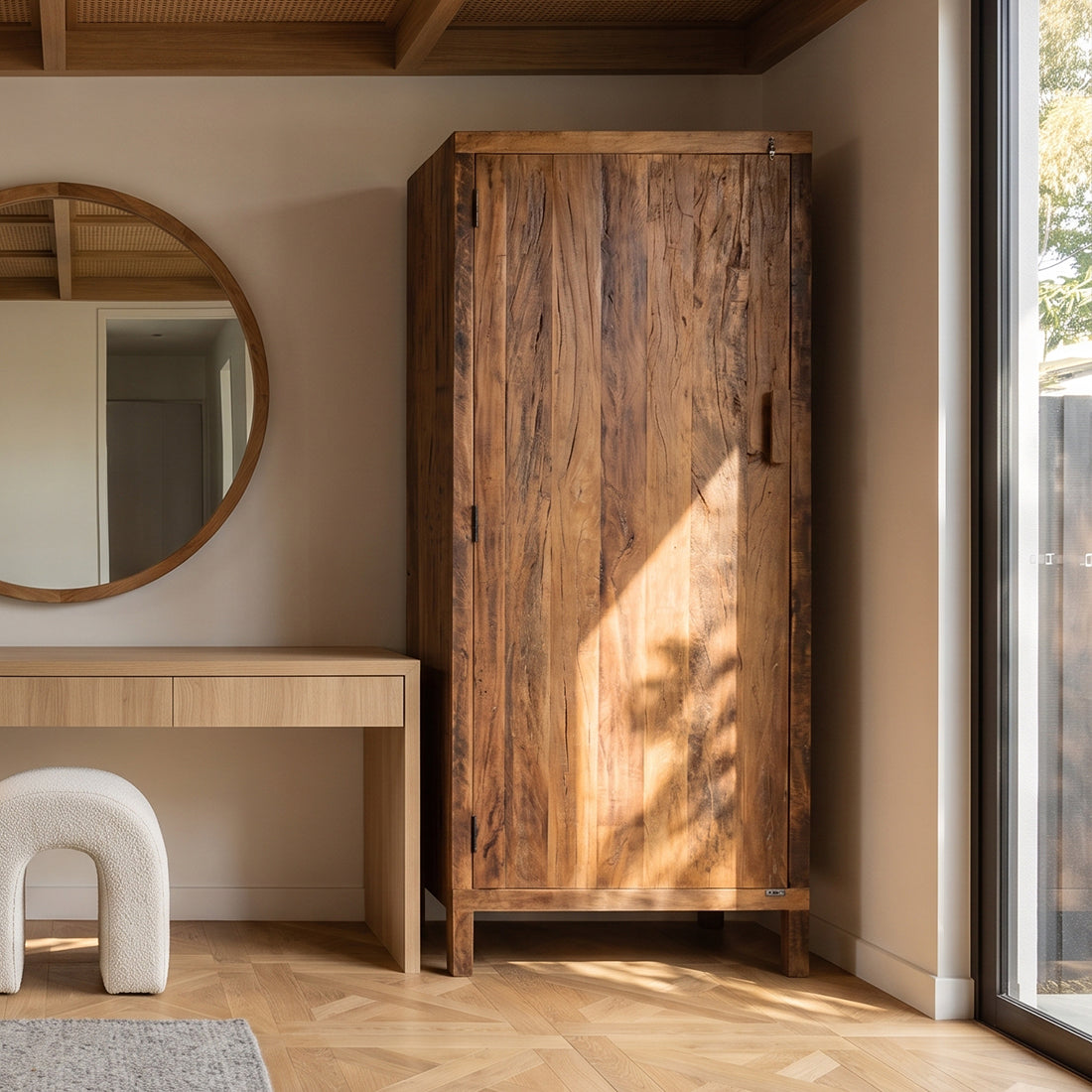 Kayu Living Farmwood one-door cabinet made from rustic FSC-recycled wood with a warm patina in a bright room.
