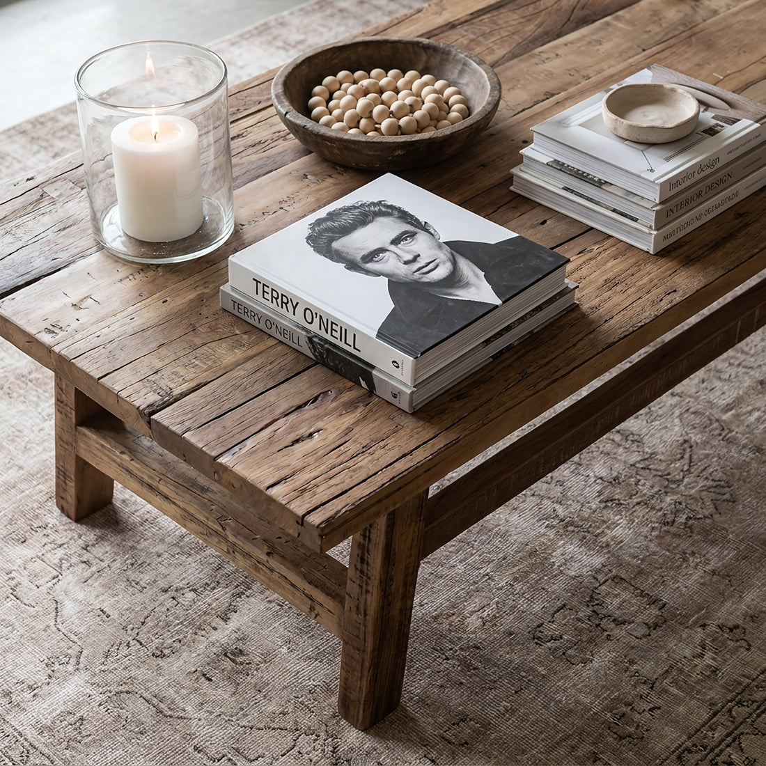 Kayu Living Farmwood rectangular coffee table made from rustic FSC-certified recycled wood with natural grain detail.