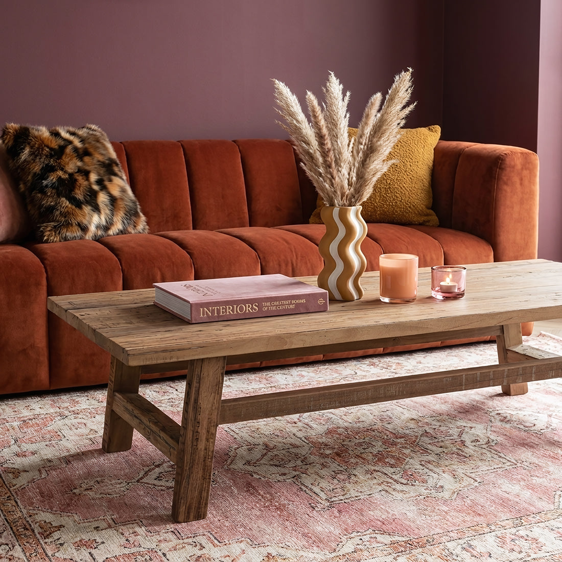 Kayu Living Farmwood rectangular coffee table made from recycled wood with natural knots in a cozy living room
