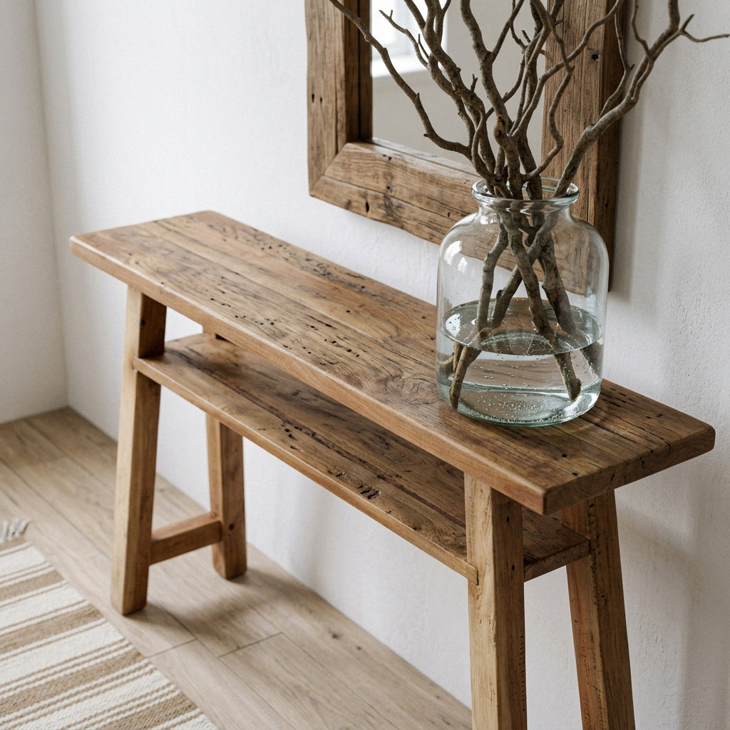 Kayu Living Farmwood console table made from recycled wood with a lower shelf and natural grain texture.