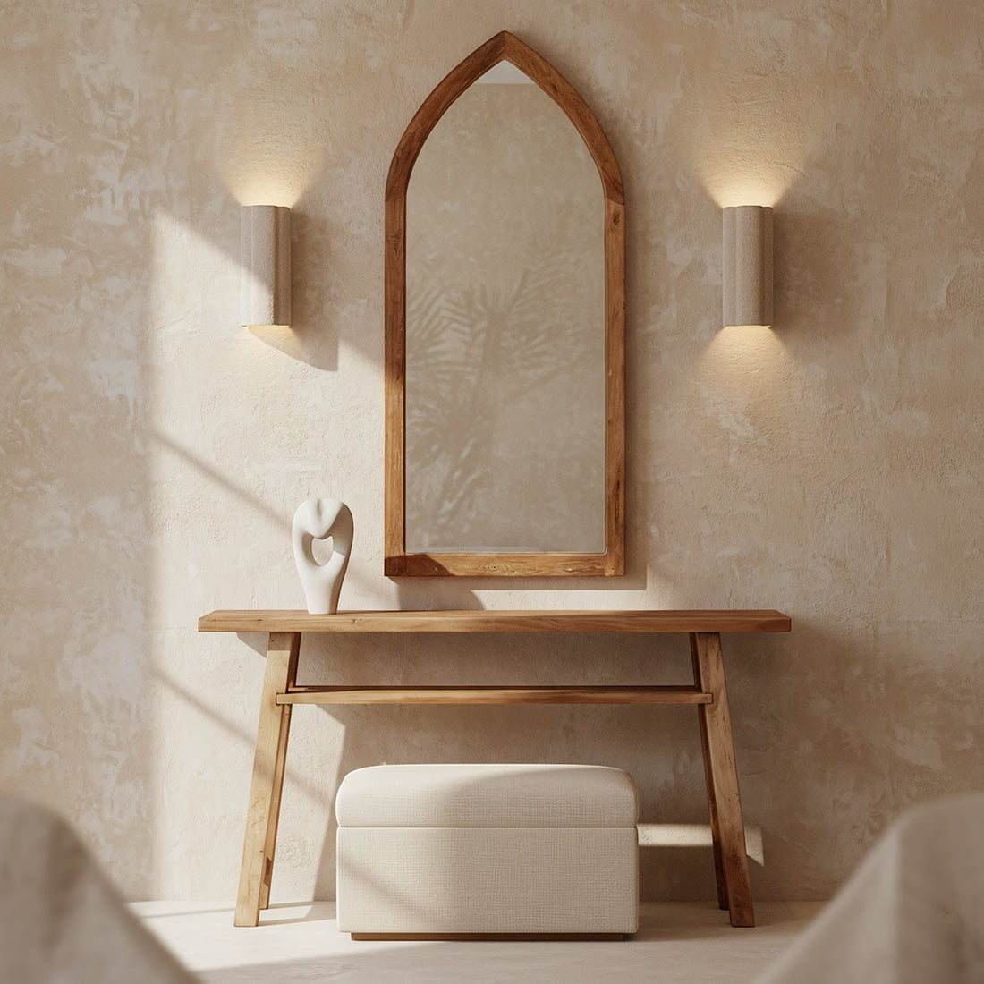 Kayu Living Farmwood console table made from recycled wood with a lower shelf, styled with a mirror and ottoman.