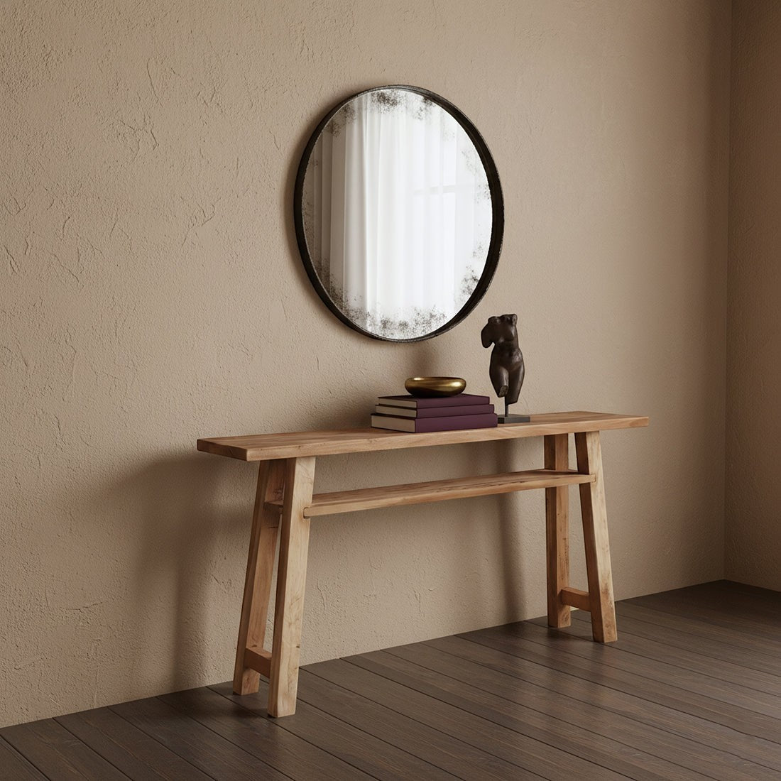 Kayu Living Farmwood console table made from recycled wood with a lower shelf, styled against a beige wall.