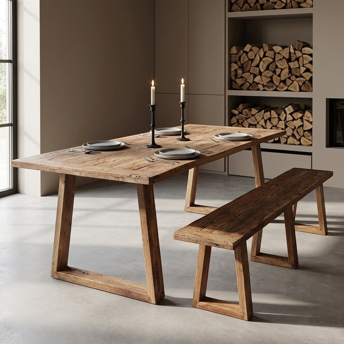 Kayu Living Farmwood dining table and matching bench made from recycled brown wood with natural grain and knots