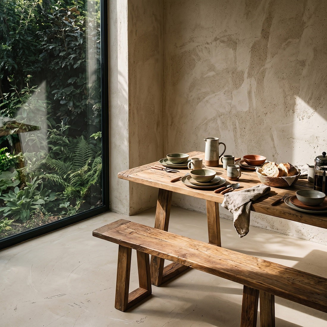 Kayu Living Farmwood dining table and bench set in brown recycled wood with natural grain, set in a sunlit room.