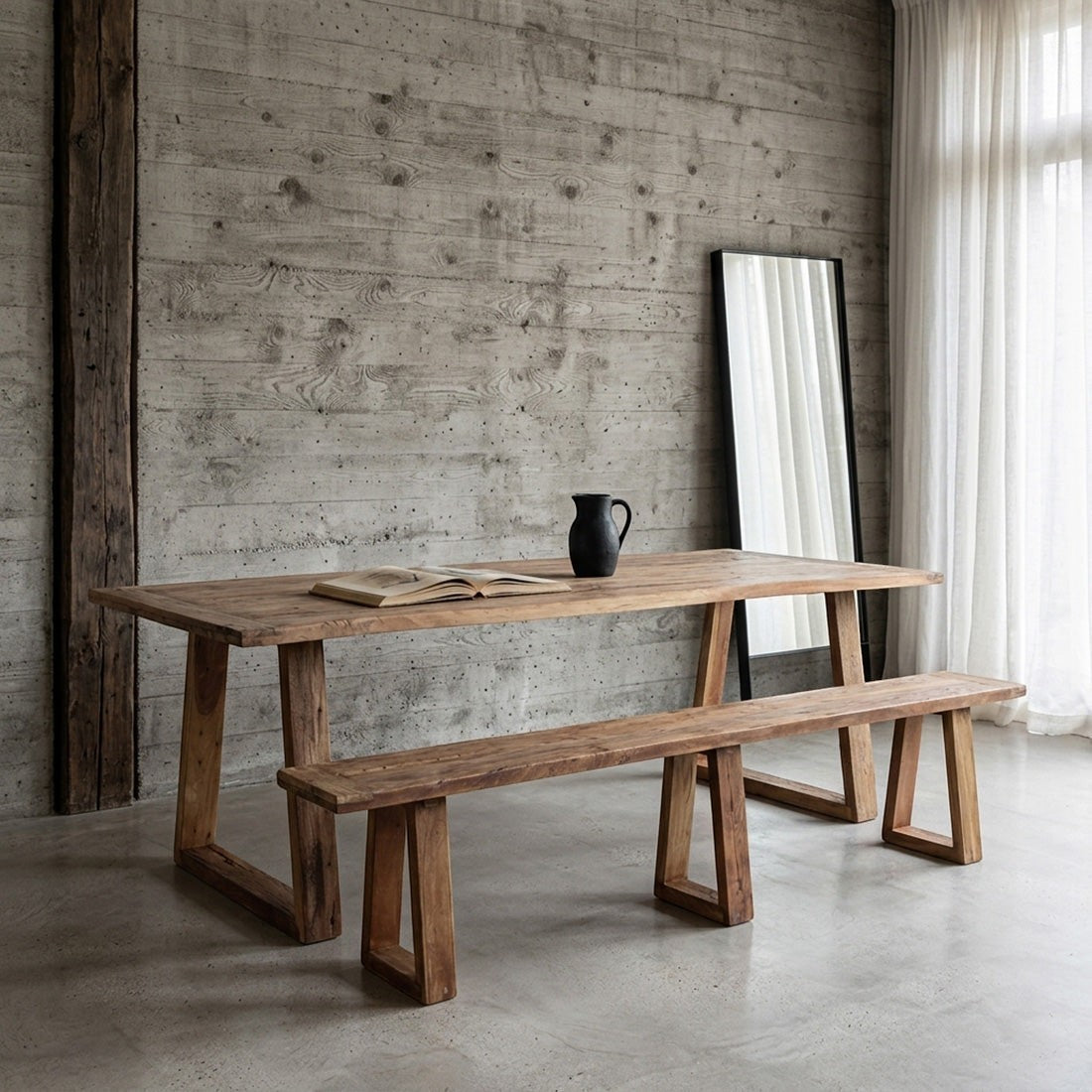 Kayu Living Farmwood dining table and bench set in brown recycled wood with natural grain and knots in a modern room.