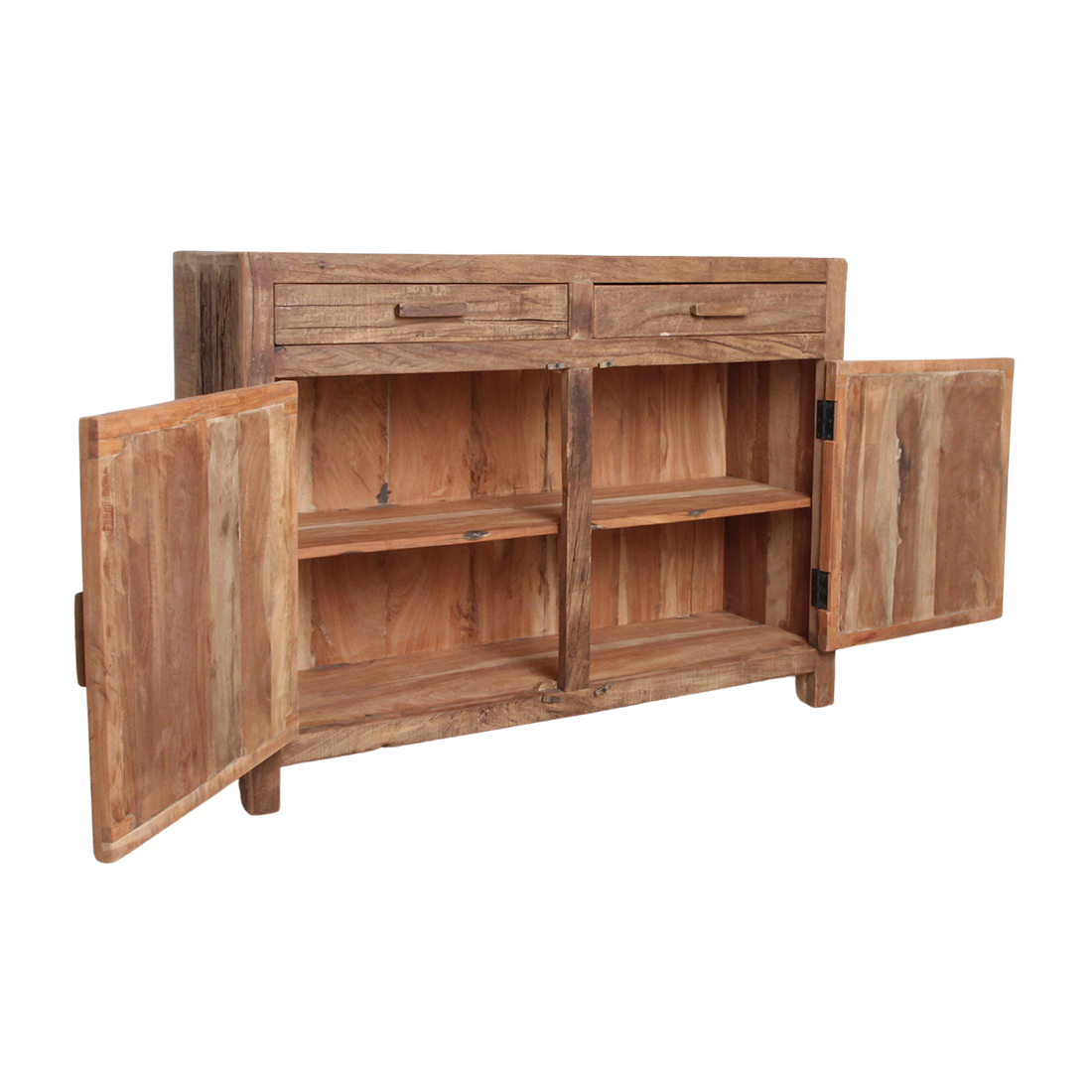 Kayu Living Farmwood sideboard in brown recycled wood with two drawers and open doors showing interior shelving