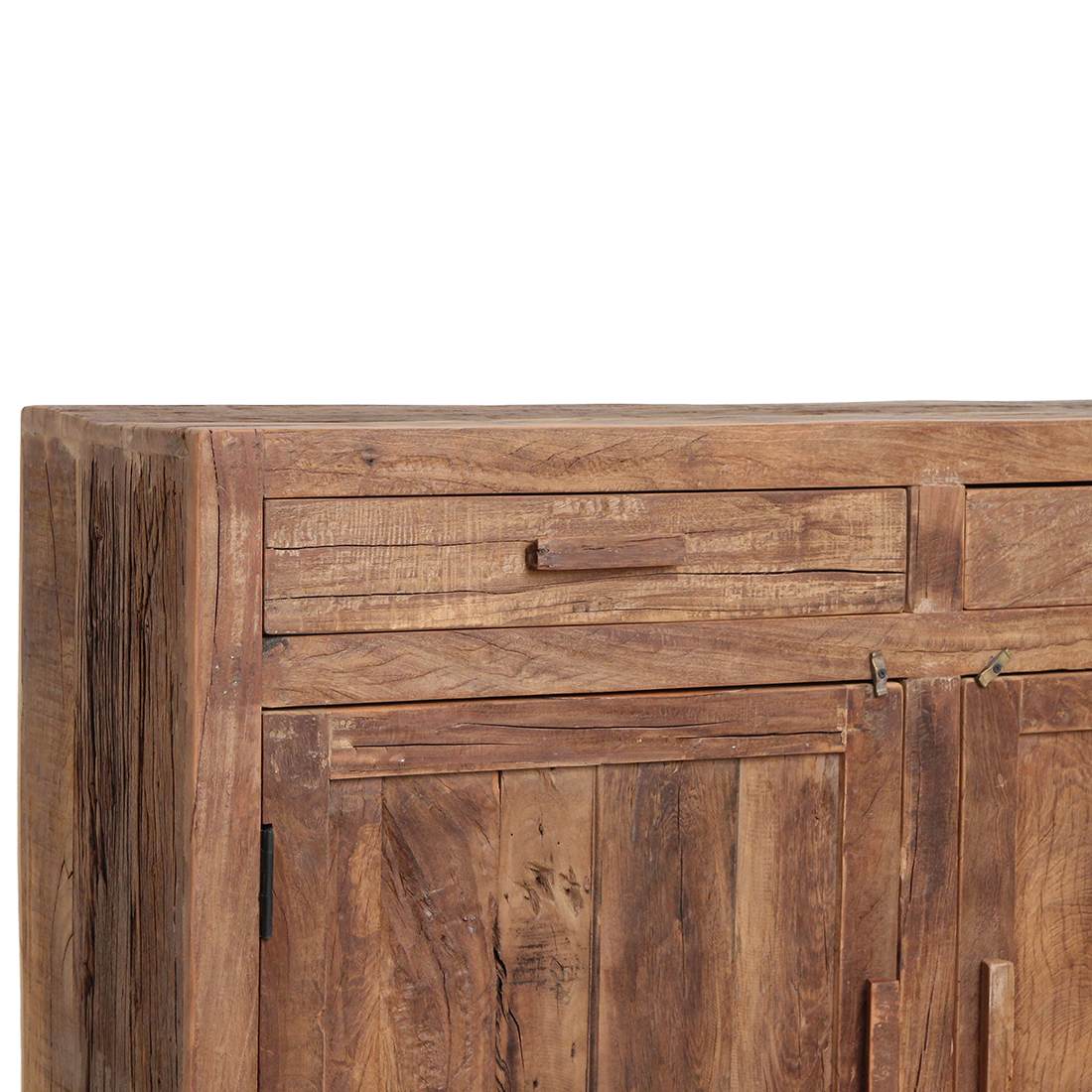 Kayu Living Farmwood sideboard in brown recycled wood with visible grain, two drawers, and two cabinet doors.