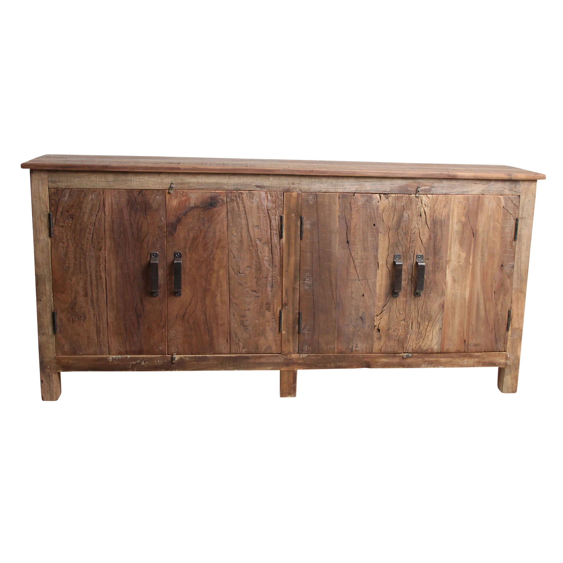 Kayu Living Farmwood sideboard made from recycled wood with four doors and rustic metal handles on a black background