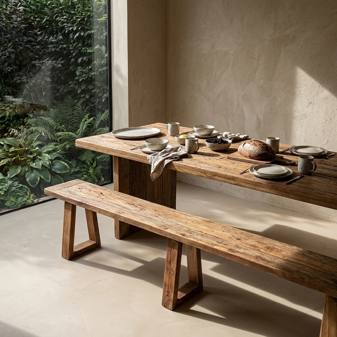 Kayu Living Farmwood waterfall dining table and matching bench made from reclaimed timber in a sunlit dining room.