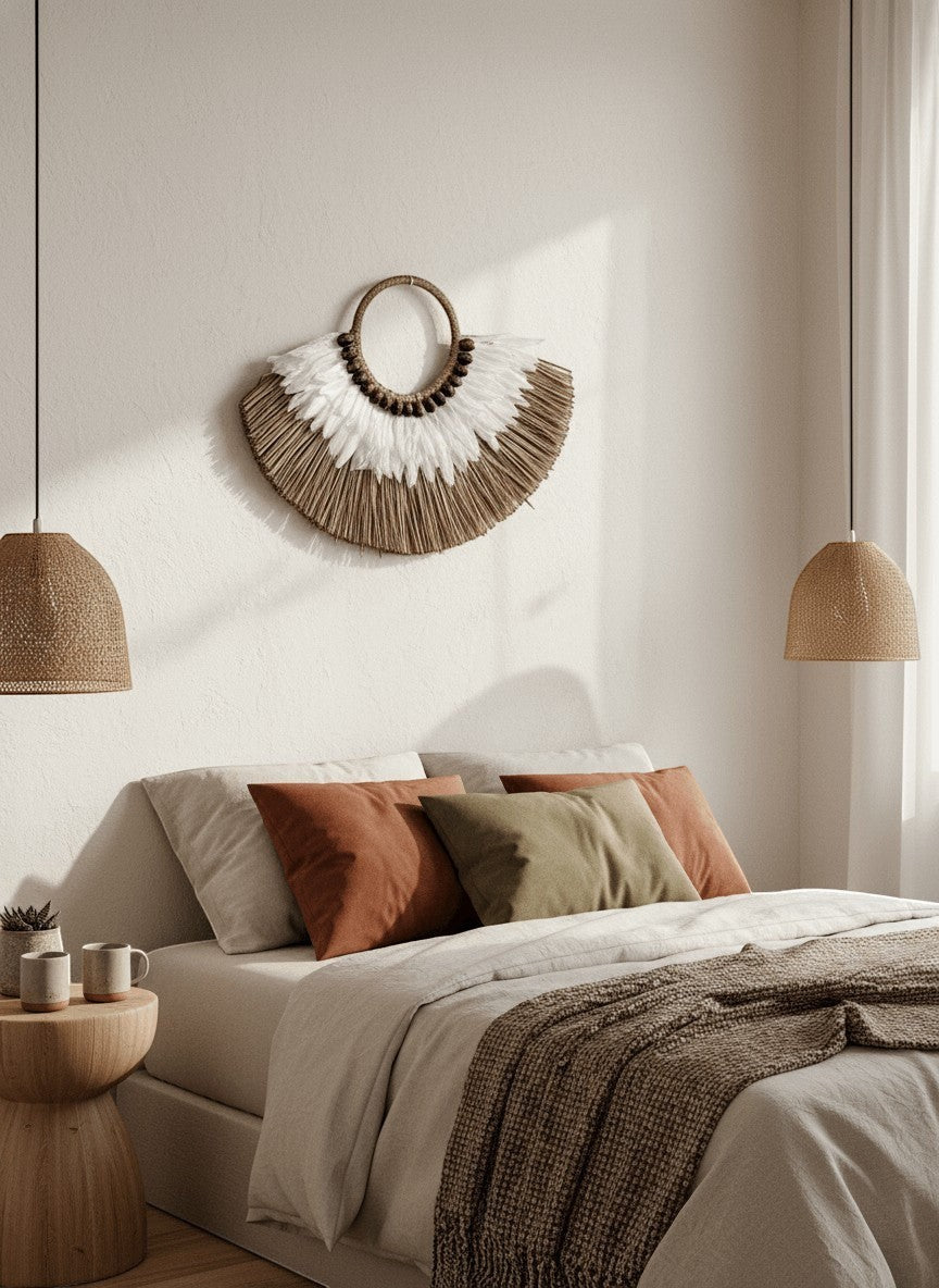 Kayu Living Flores Harmony wall decoration with woven fibers, brown shells, and white feathers.