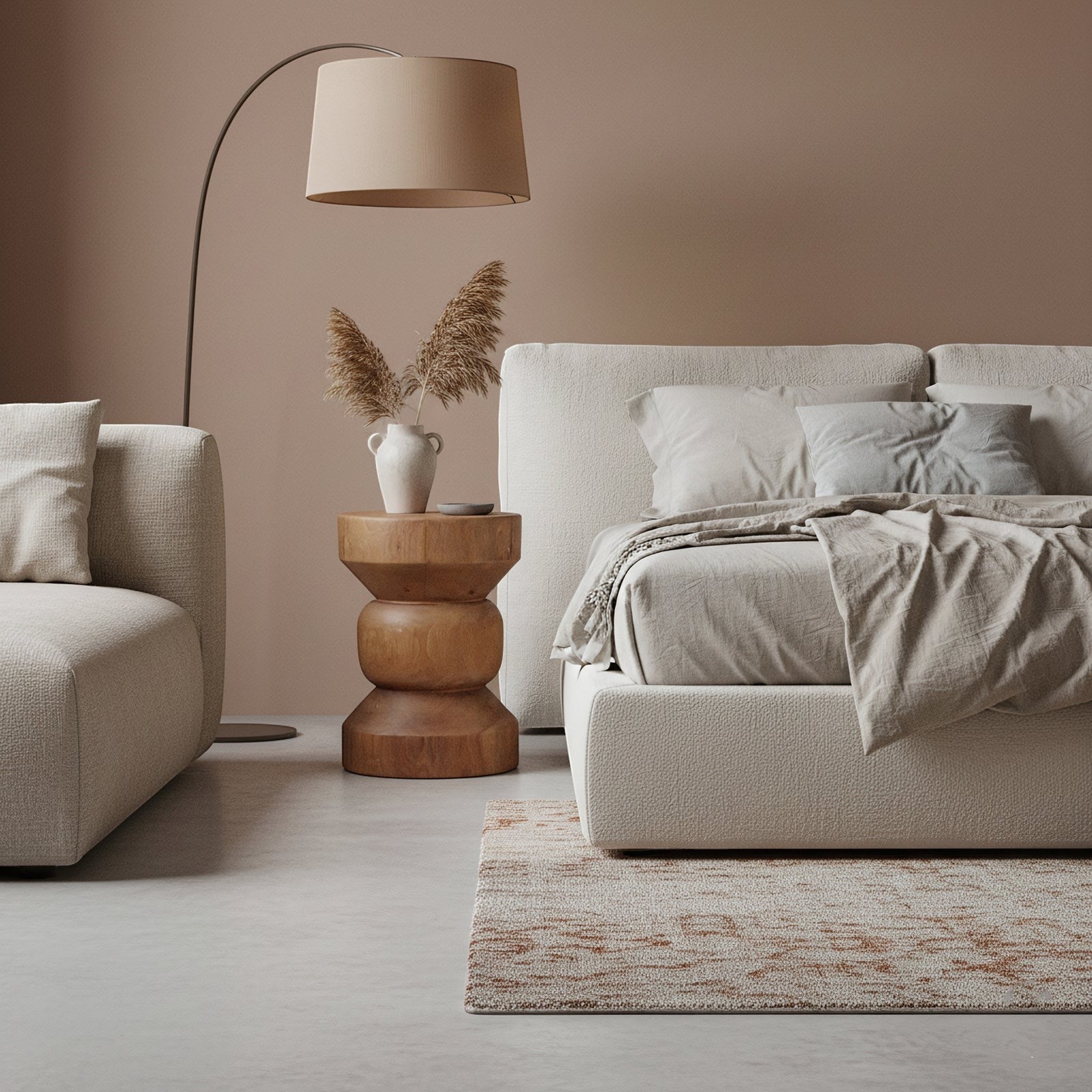 Kayu Living Forma Ritari solid teak side table with a stacked geometric design in a modern neutral bedroom setting.