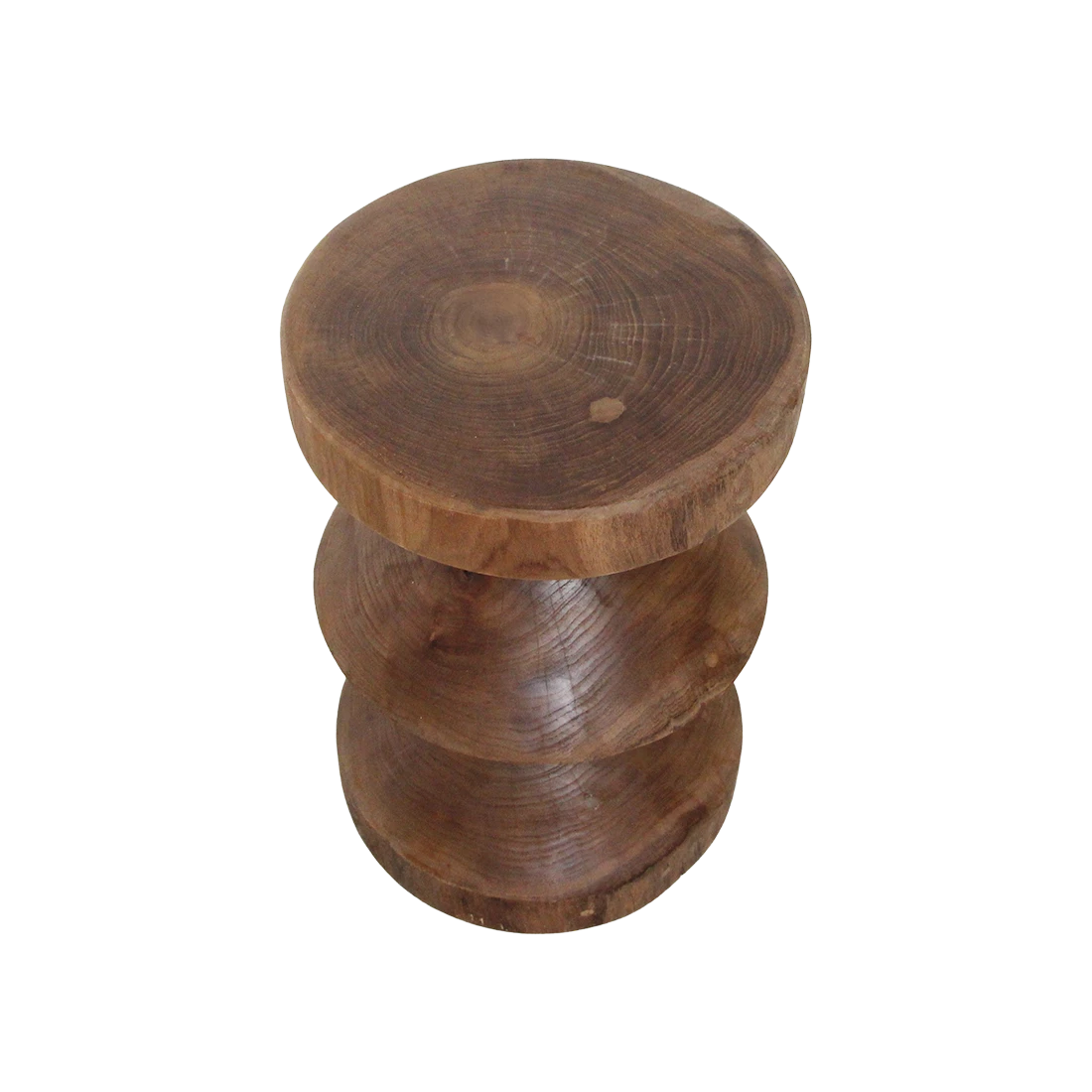 Kayu Living Forma Rizo handcrafted solid teak side table with a stacked geometric design on a black background.