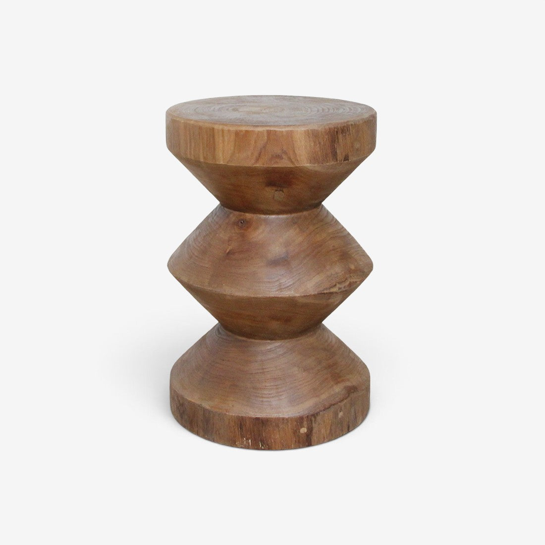Kayu Living Forma Rizo handcrafted solid teak side table with a stacked geometric design and natural wood finish.