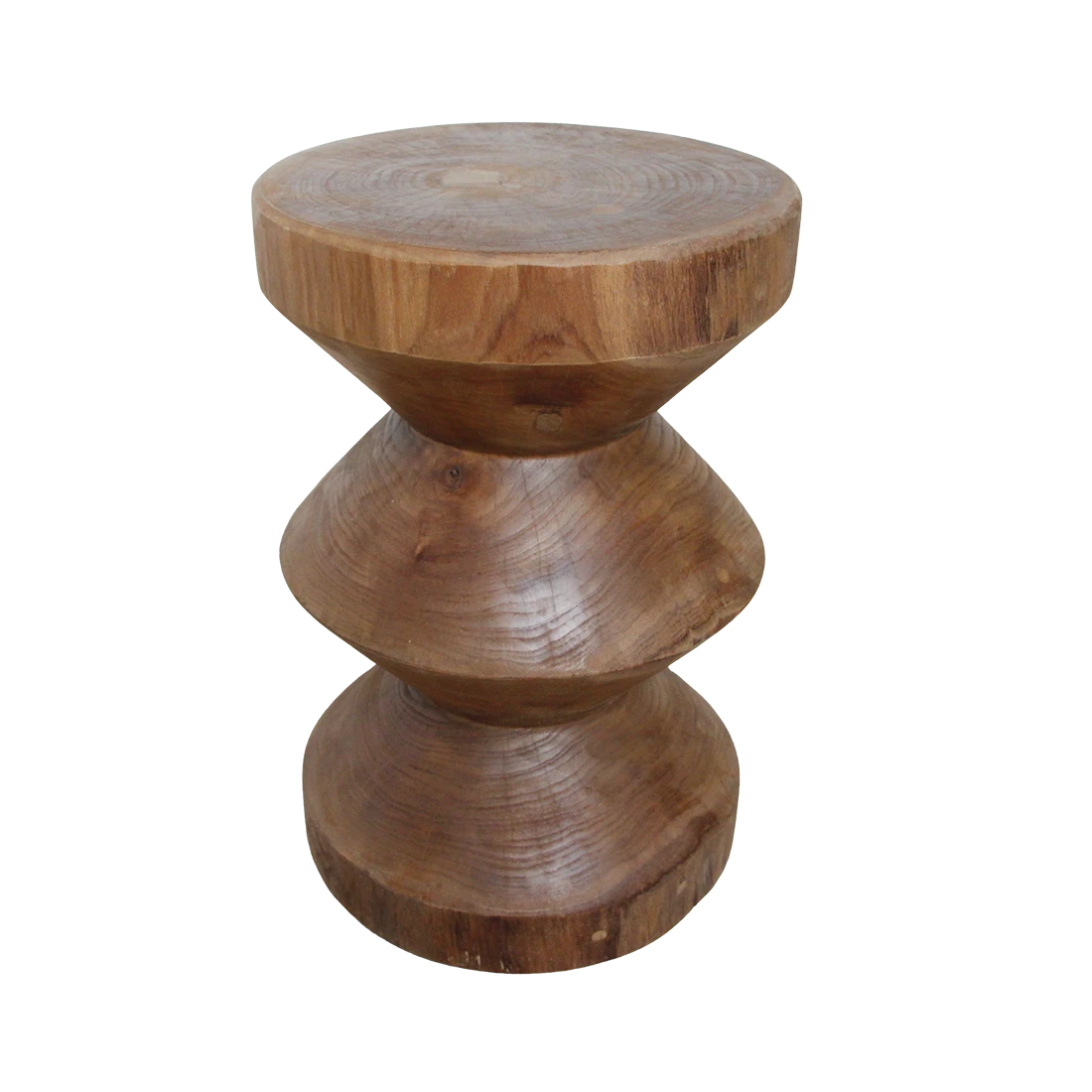 Kayu Living Forma Rizo handcrafted solid teak side table with a stacked geometric design on a black background.