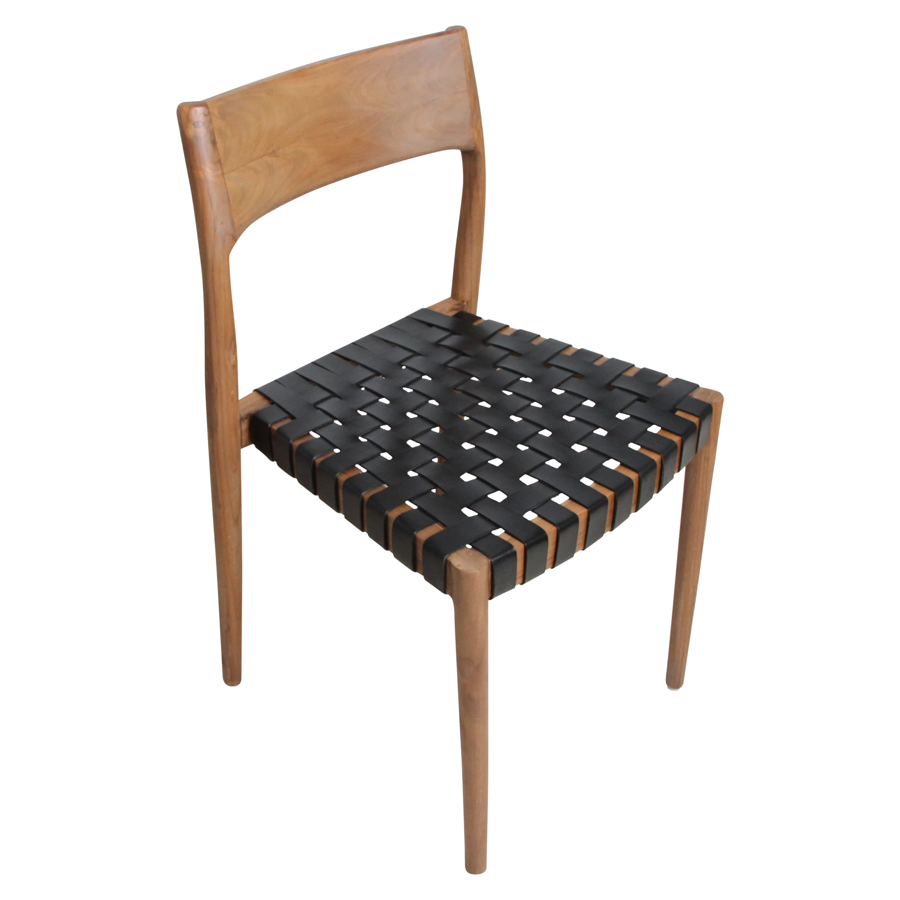 Kayu Living Freya dining chair with black woven leather seat and natural wood frame.